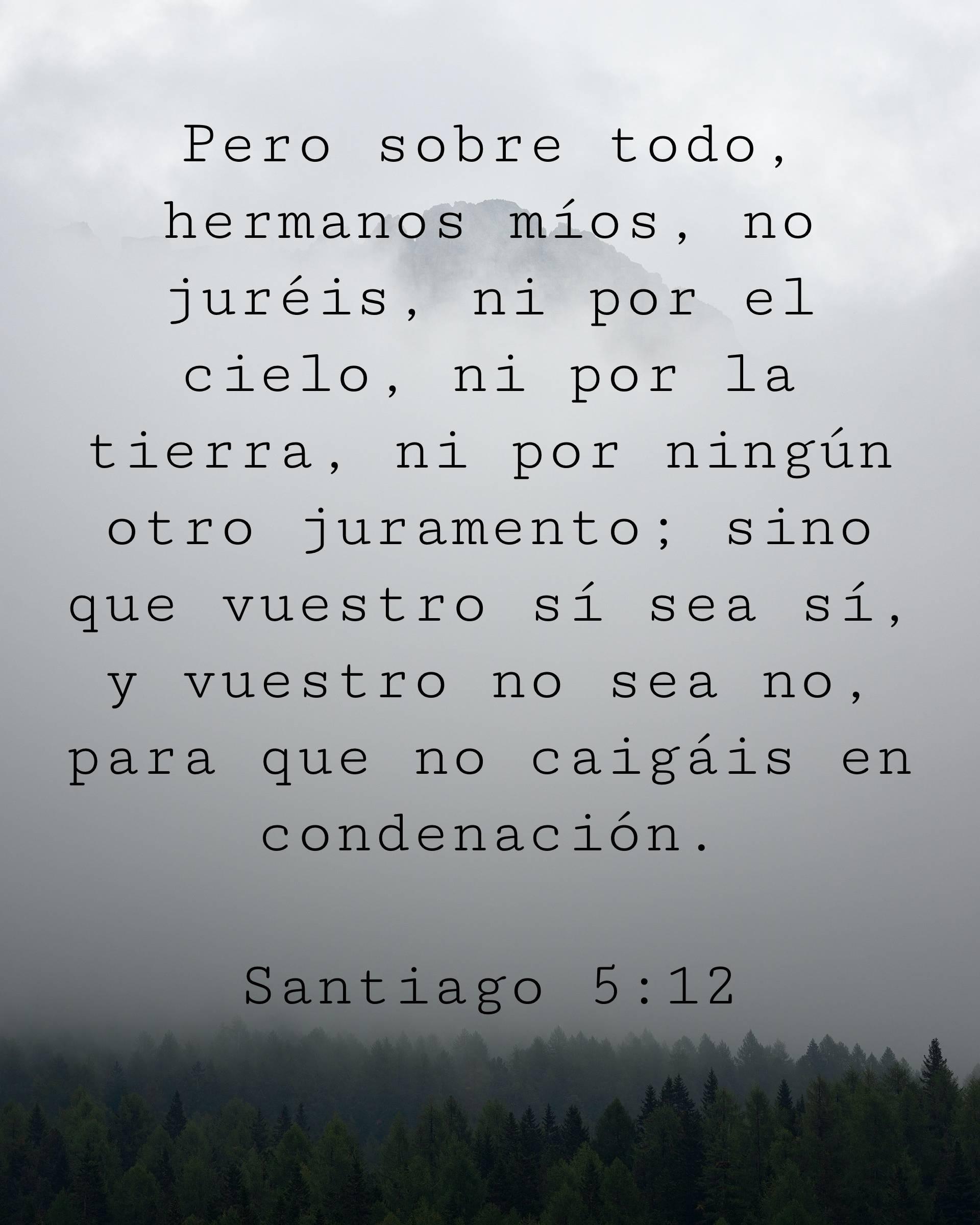Pero sobre todo, hermanos míos, no juréis, ni por el cielo, ni por la tierra, ni por ningún otro juramento; sino que vuestro sí sea sí, y vuestro no sea no, para que no caigáis en condenación.