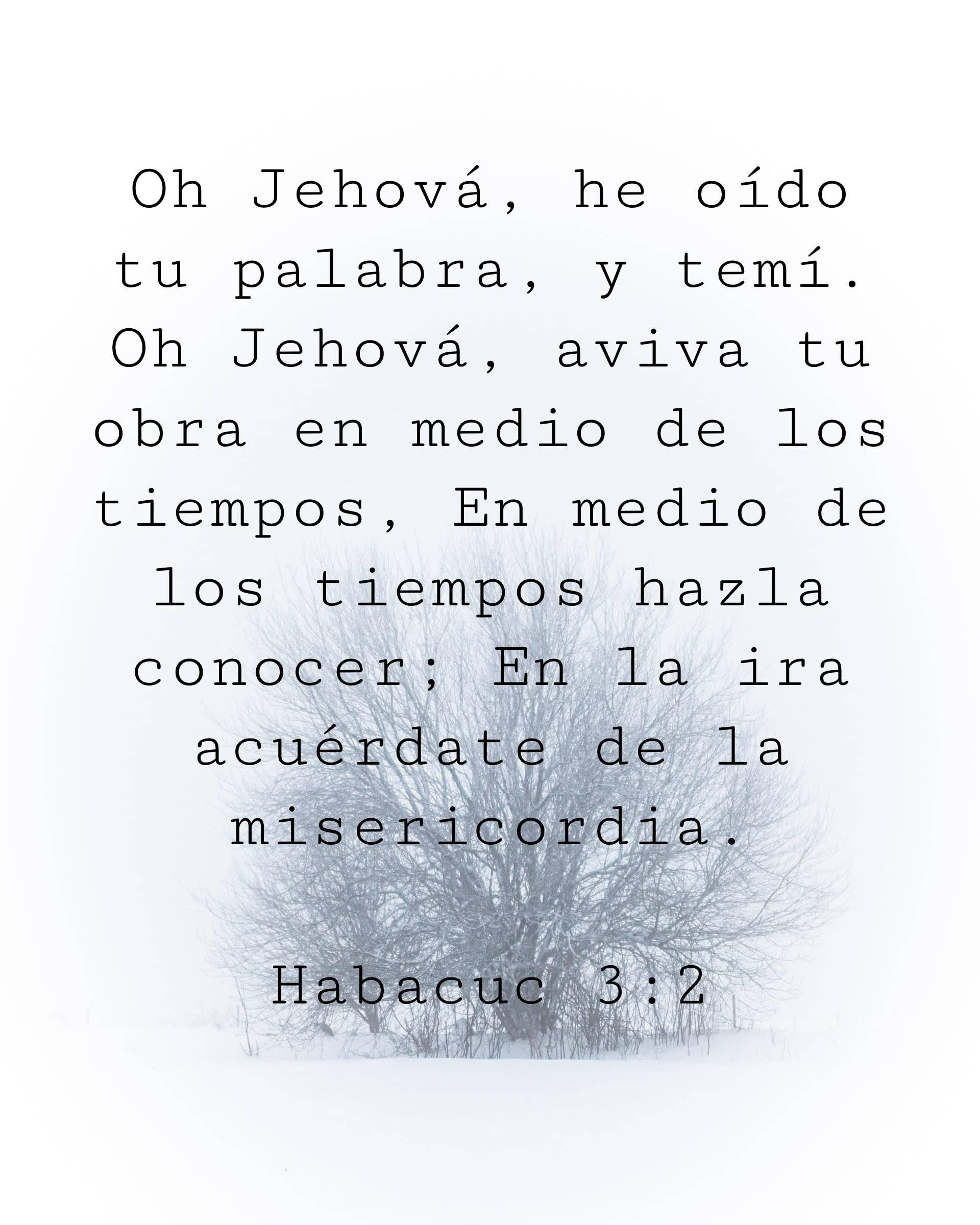 Oh Jehová, he oído tu palabra, y temí. Oh Jehová, aviva tu obra en medio de los tiempos, En medio de los tiempos hazla conocer; En la ira acuérdate de la misericordia.