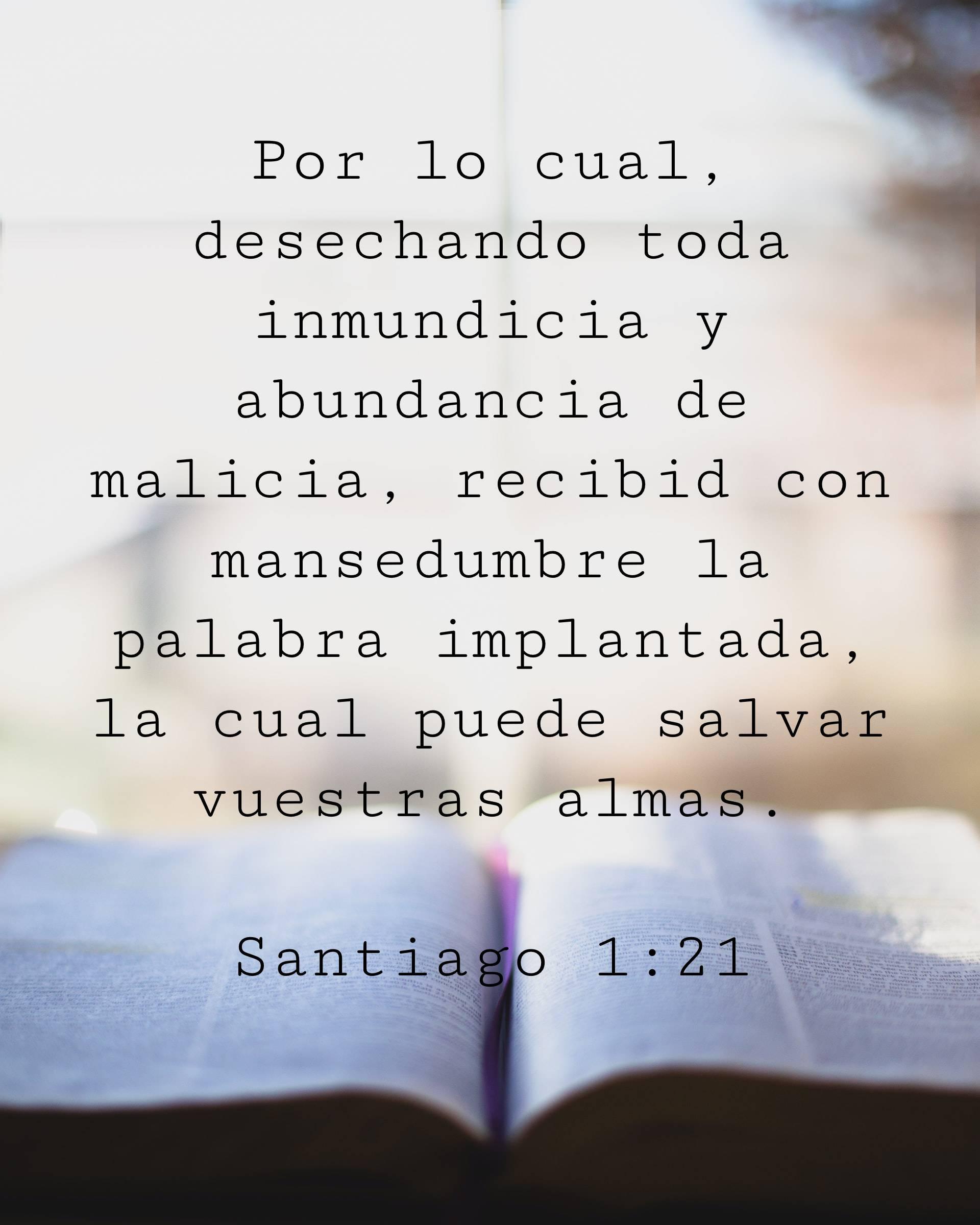 Por lo cual, desechando toda inmundicia y abundancia de malicia, recibid con mansedumbre la palabra implantada, la cual puede salvar vuestras almas.