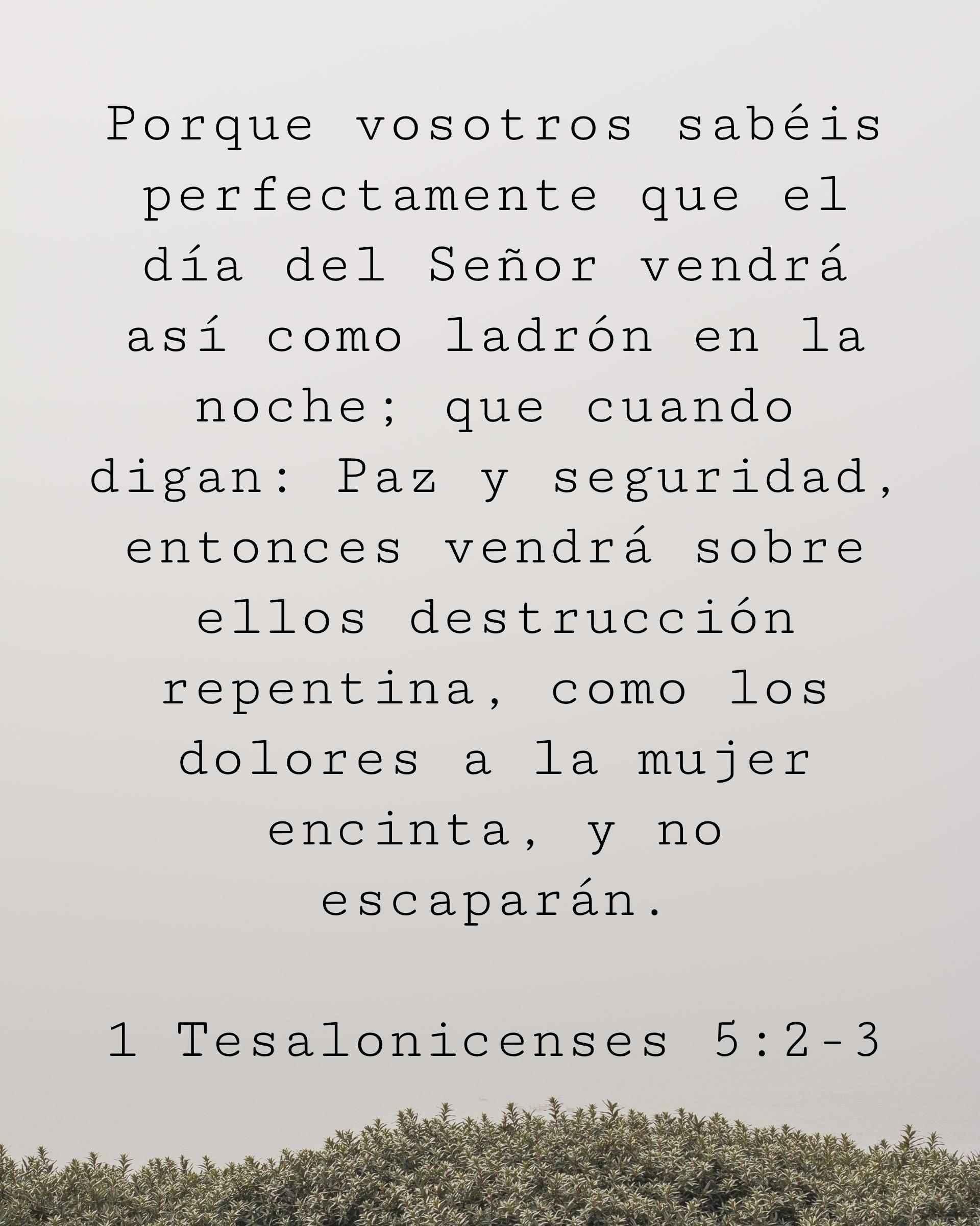 Porque vosotros sabéis perfectamente que el día del Señor vendrá así como ladrón en la noche; que cuando digan: Paz y seguridad, entonces vendrá sobre ellos destrucción repentina, como los dolores a la mujer encinta, y no escaparán.