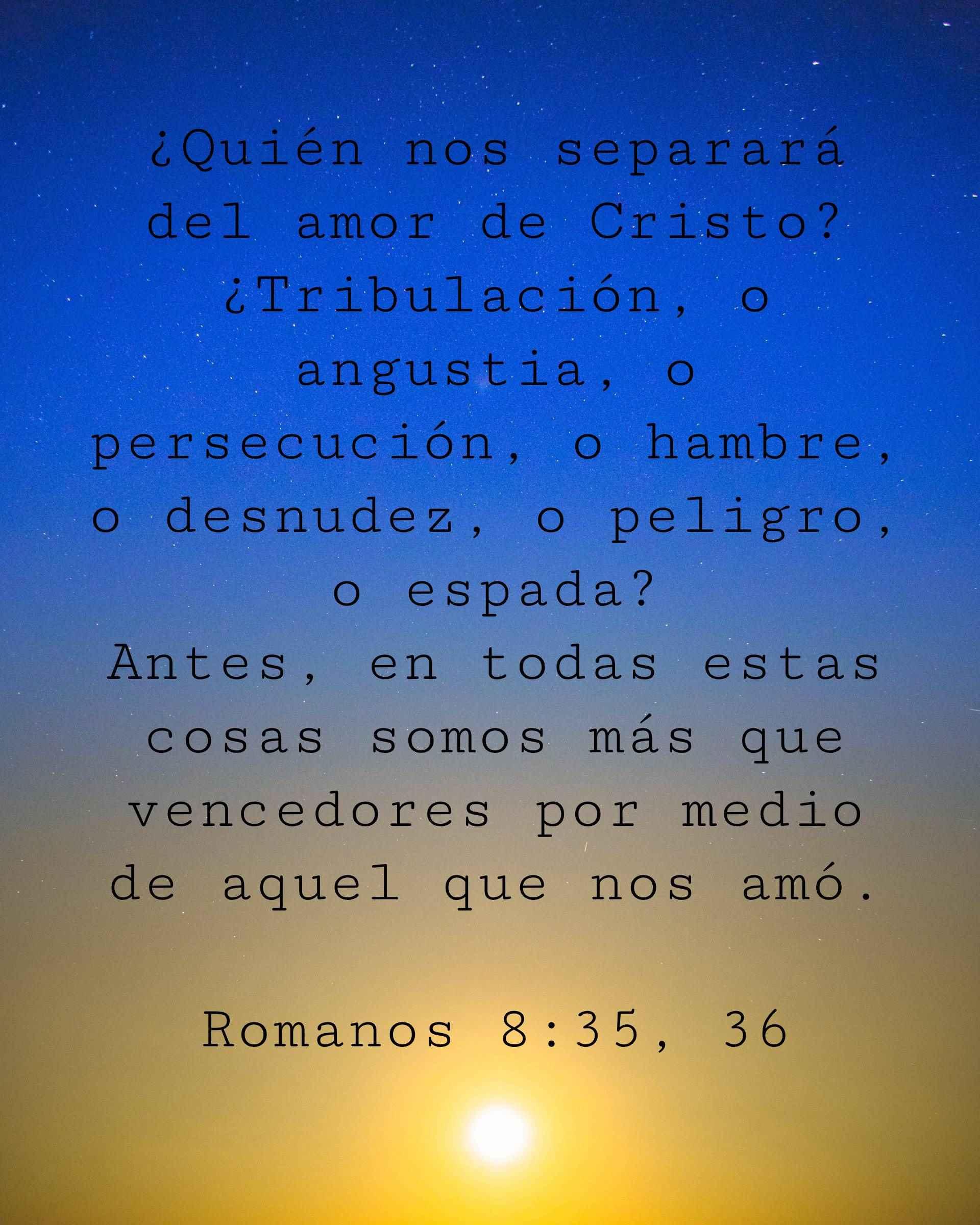 ¿Quién nos separará del amor de Cristo? ¿Tribulación, o angustia, o persecución, o hambre, o desnudez, o peligro, o espada? Antes, en todas estas cosas somos más que vencedores por medio de aquel que nos amó.