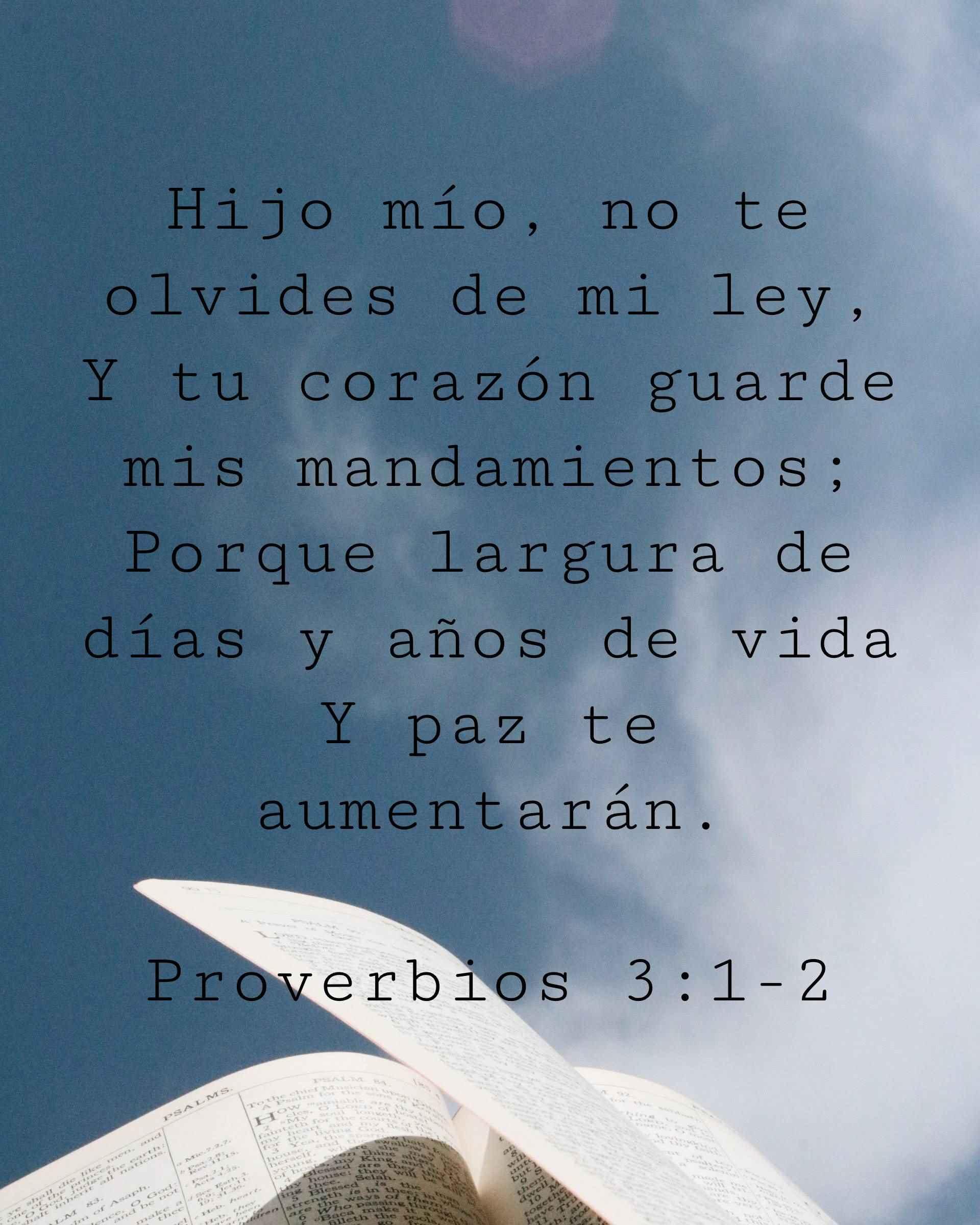 Hijo mío, no te olvides de mi ley, Y tu corazón guarde mis mandamientos; Porque largura de días y años de vida Y paz te aumentarán.