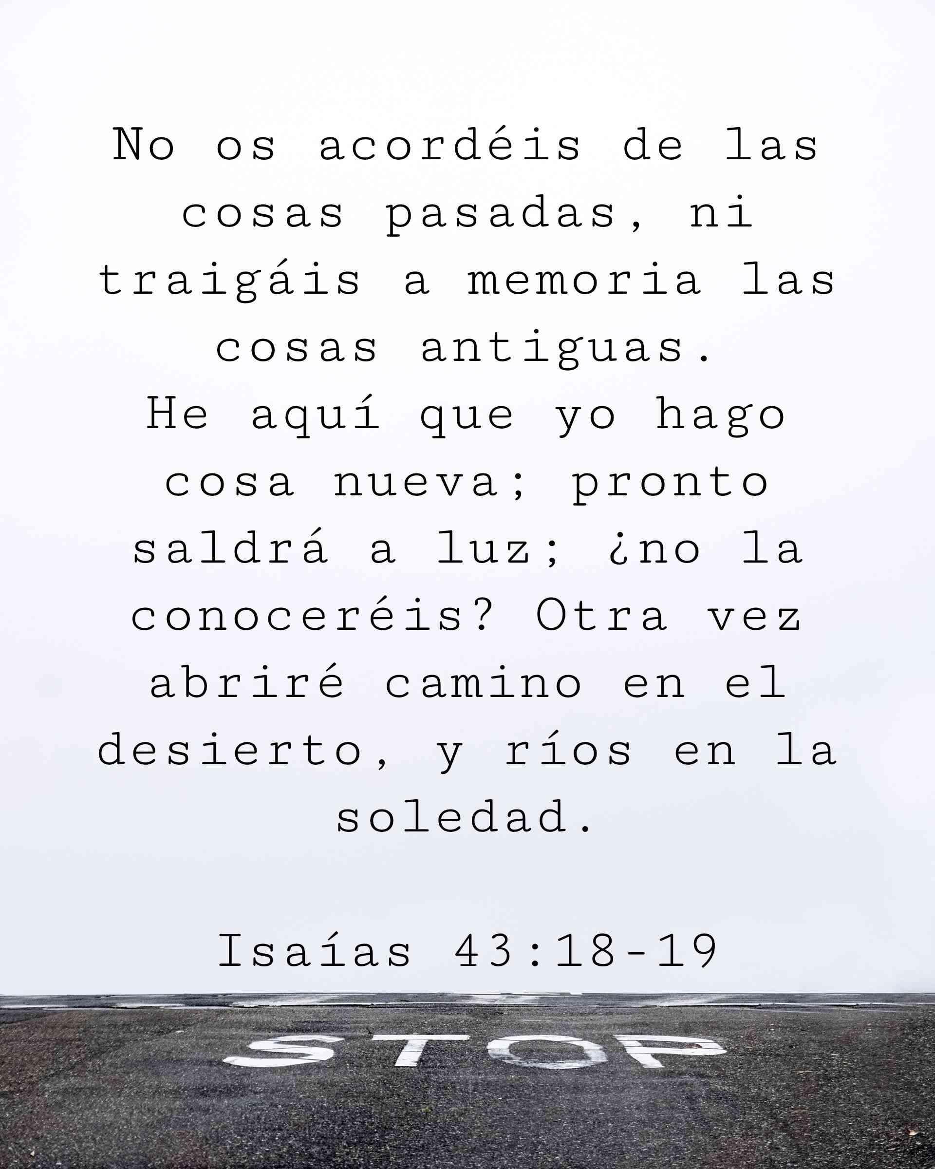 No os acordéis de las cosas pasadas, ni traigáis a memoria las cosas antiguas. He aquí que yo hago cosa nueva; pronto saldrá a luz; ¿no la conoceréis? Otra vez abriré camino en el desierto, y ríos en la soledad.