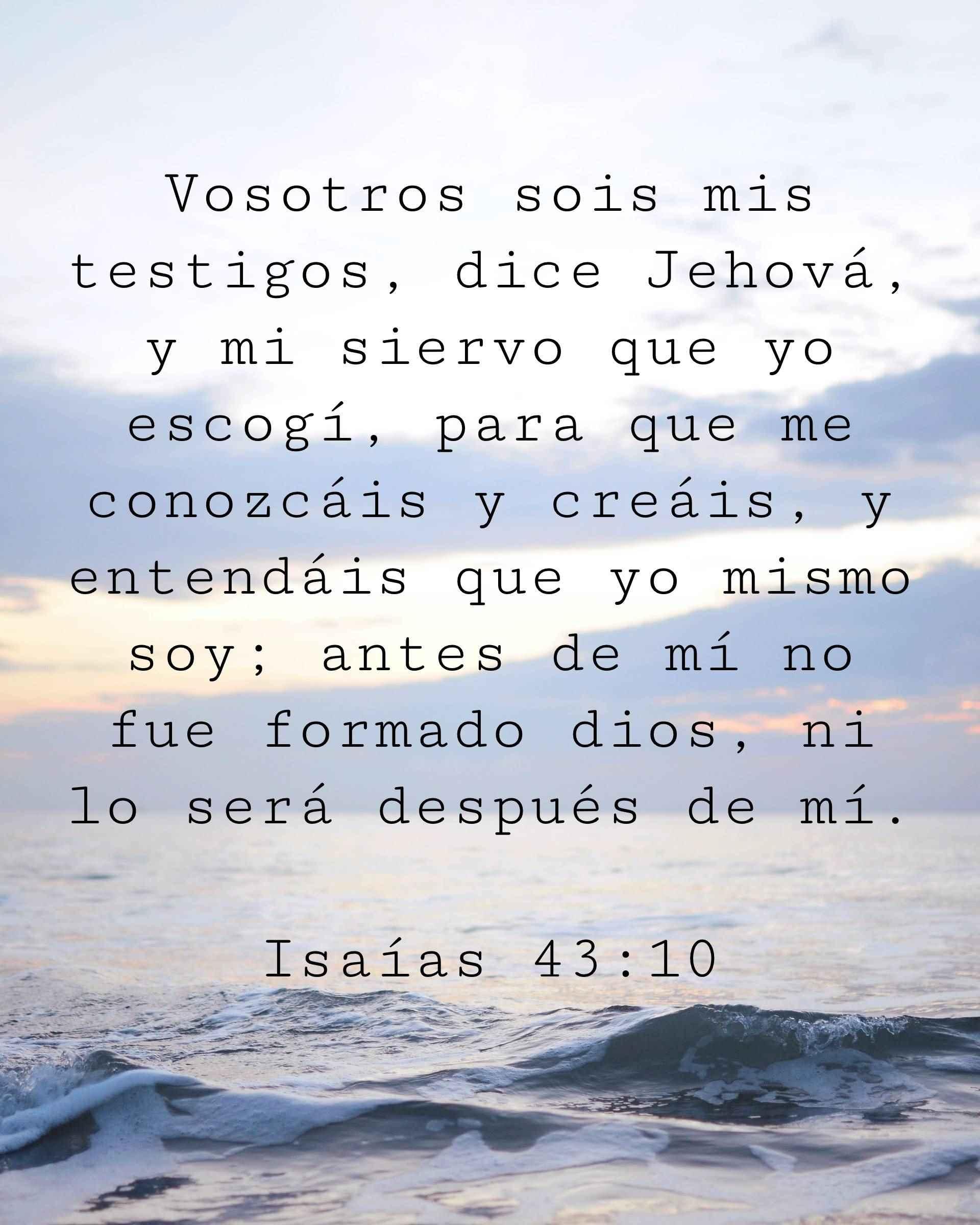 Vosotros sois mis testigos, dice Jehová, y mi siervo que yo escogí, para que me conozcáis y creáis, y entendáis que yo mismo soy; antes de mí no fue formado dios, ni lo será después de mí.