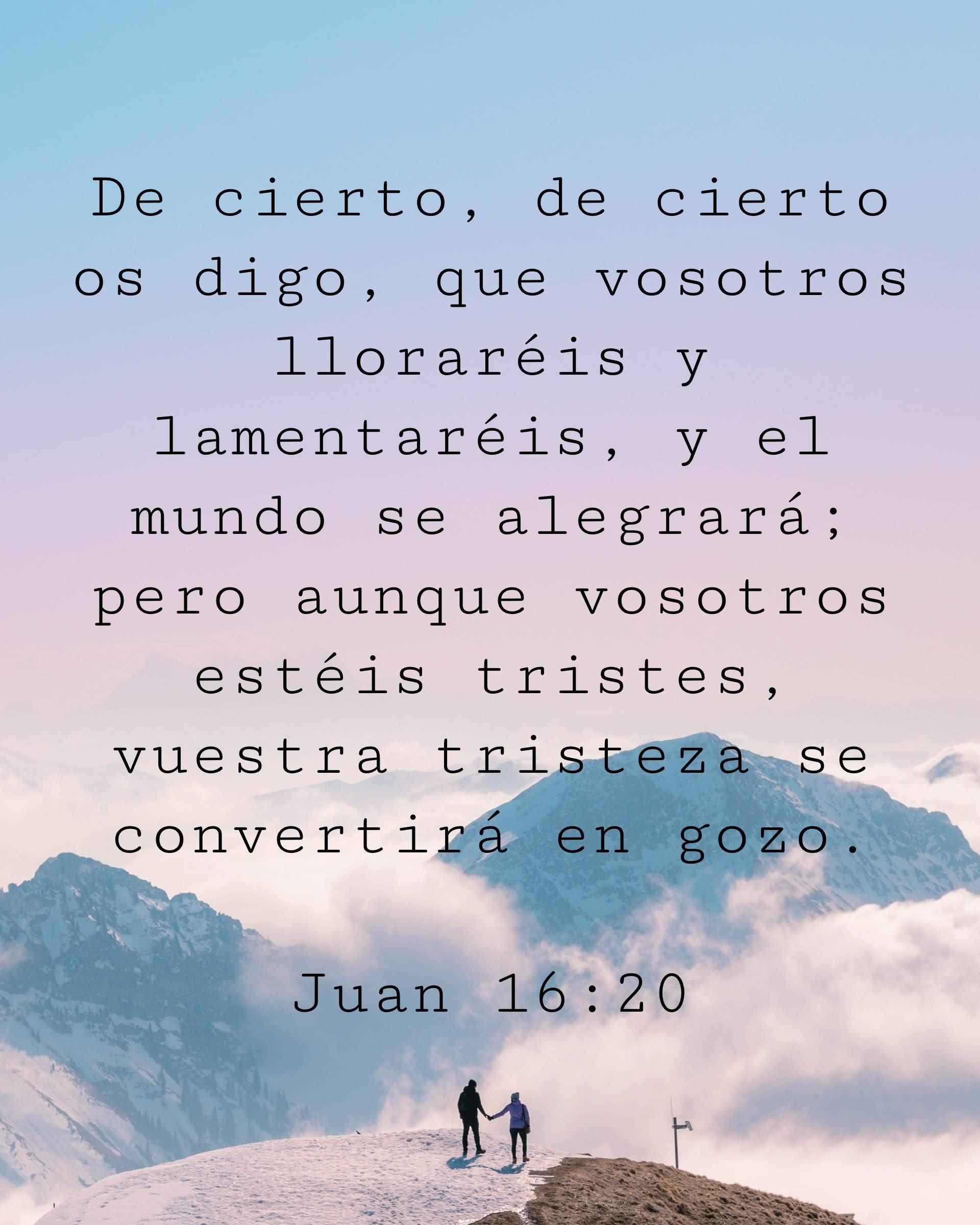 De cierto, de cierto os digo, que vosotros lloraréis y lamentaréis, y el mundo se alegrará; pero aunque vosotros estéis tristes, vuestra tristeza se convertirá en gozo.