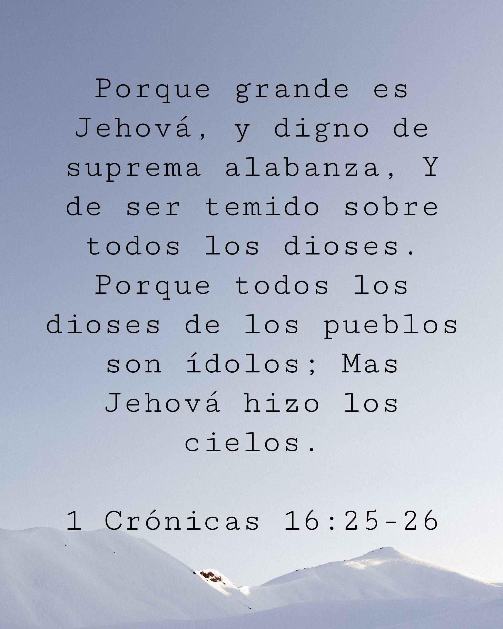 Porque grande es Jehová, y digno de suprema alabanza, Y de ser temido sobre todos los dioses. Porque todos los dioses de los pueblos son ídolos; Mas Jehová hizo los cielos.