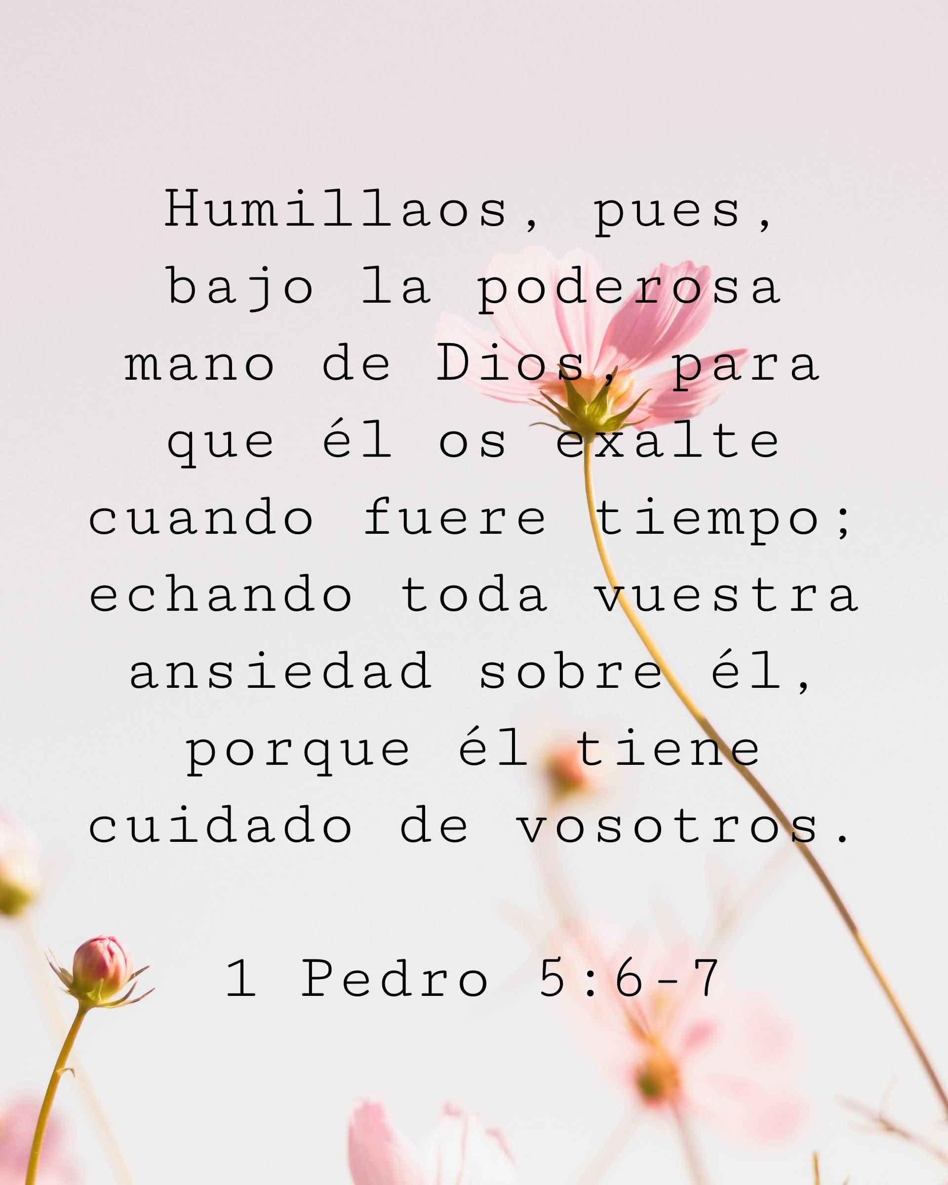Humillaos, pues, bajo la poderosa mano de Dios, para que él os exalte cuando fuere tiempo; echando toda vuestra ansiedad sobre él, porque él tiene cuidado de vosotros.