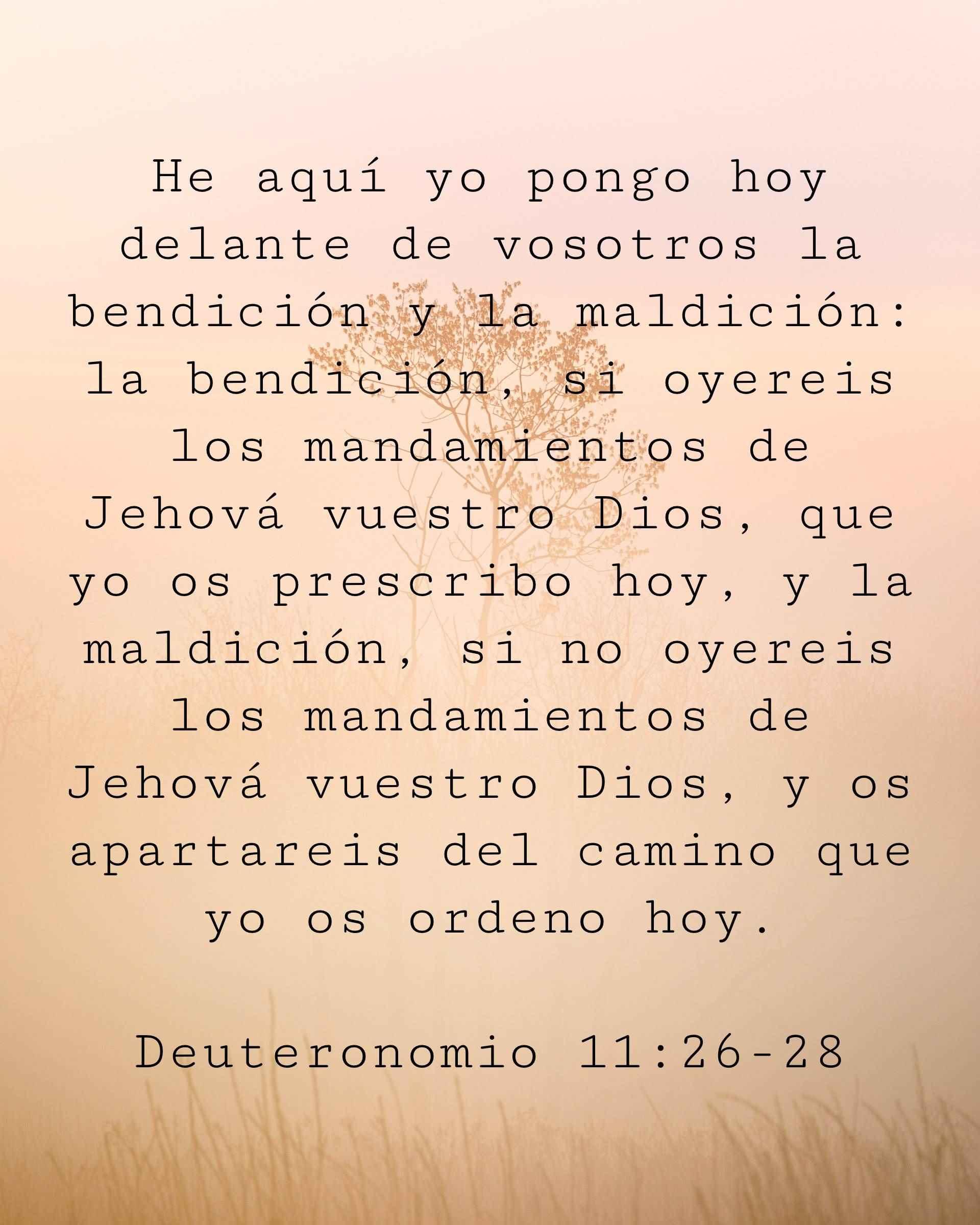 He aquí yo pongo hoy delante de vosotros la bendición y la maldición: la bendición, si oyereis los mandamientos de Jehová vuestro Dios, que yo os prescribo hoy, y la maldición, si no oyereis los mandamientos de Jehová vuestro Dios, y os apartareis del camino que yo os ordeno hoy.