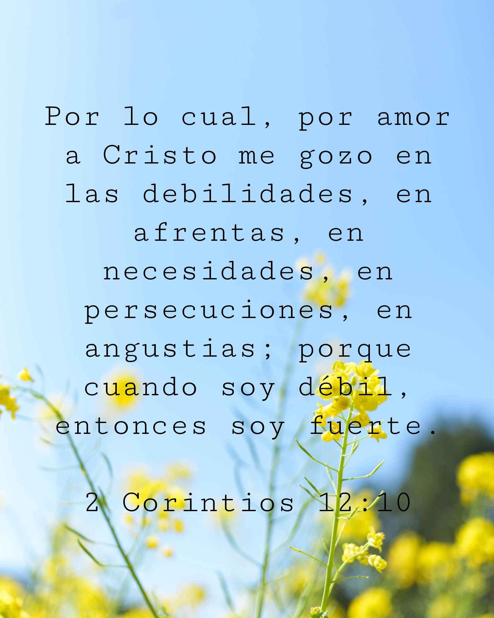 Por lo cual, por amor a Cristo me gozo en las debilidades, en afrentas, en necesidades, en persecuciones, en angustias; porque cuando soy débil, entonces soy fuerte.