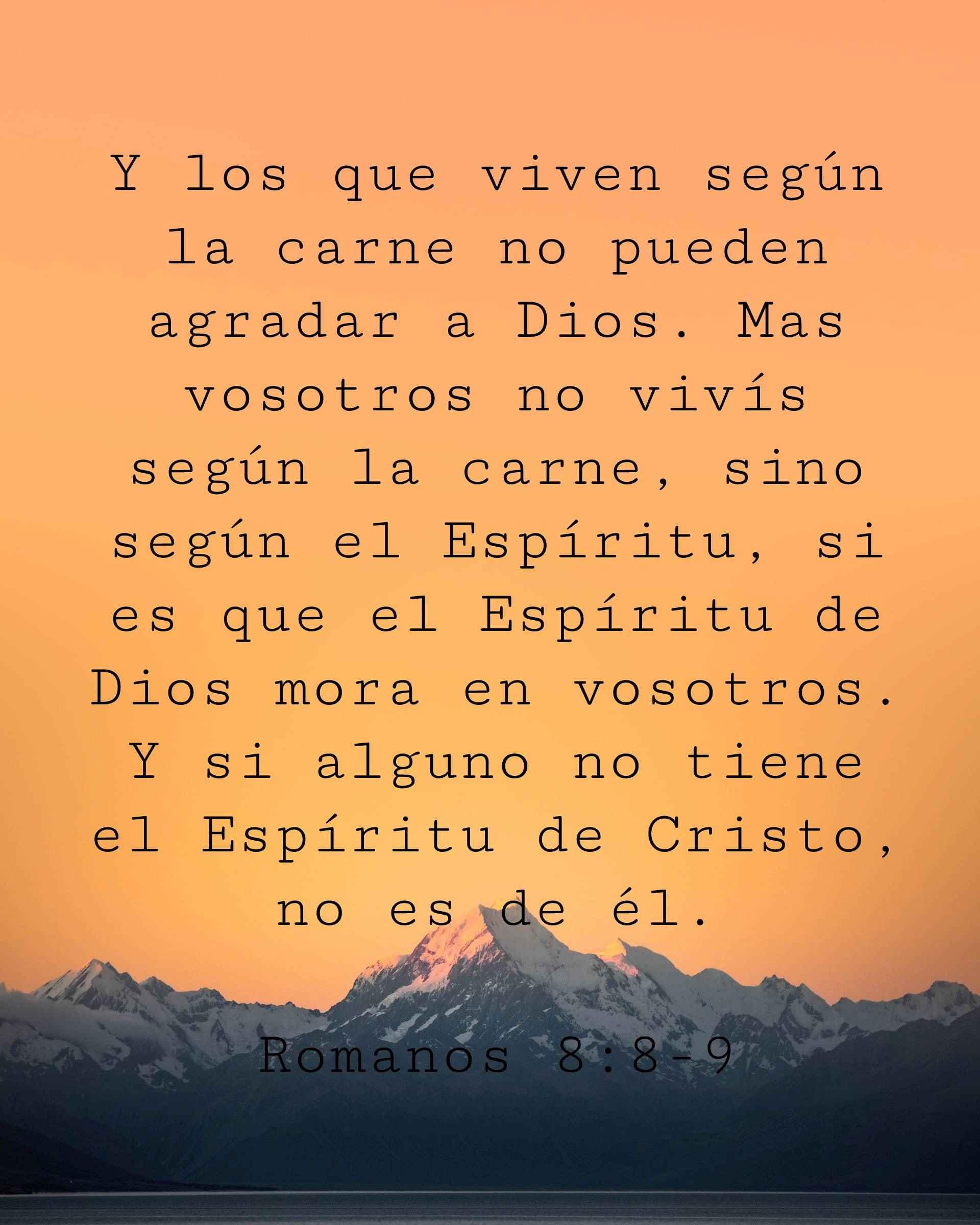 Y los que viven según la carne no pueden agradar a Dios. Mas vosotros no vivís según la carne, sino según el Espíritu, si es que el Espíritu de Dios mora en vosotros. Y si alguno no tiene el Espíritu de Cristo, no es de él.