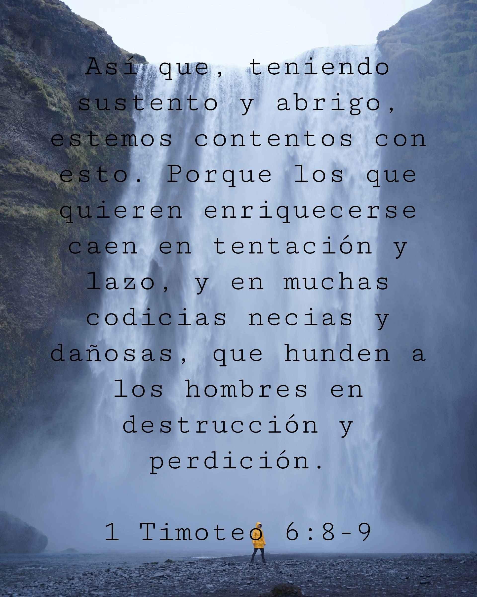 Así que, teniendo sustento y abrigo, estemos contentos con esto. Porque los que quieren enriquecerse caen en tentación y lazo, y en muchas codicias necias y dañosas, que hunden a los hombres en destrucción y perdición.