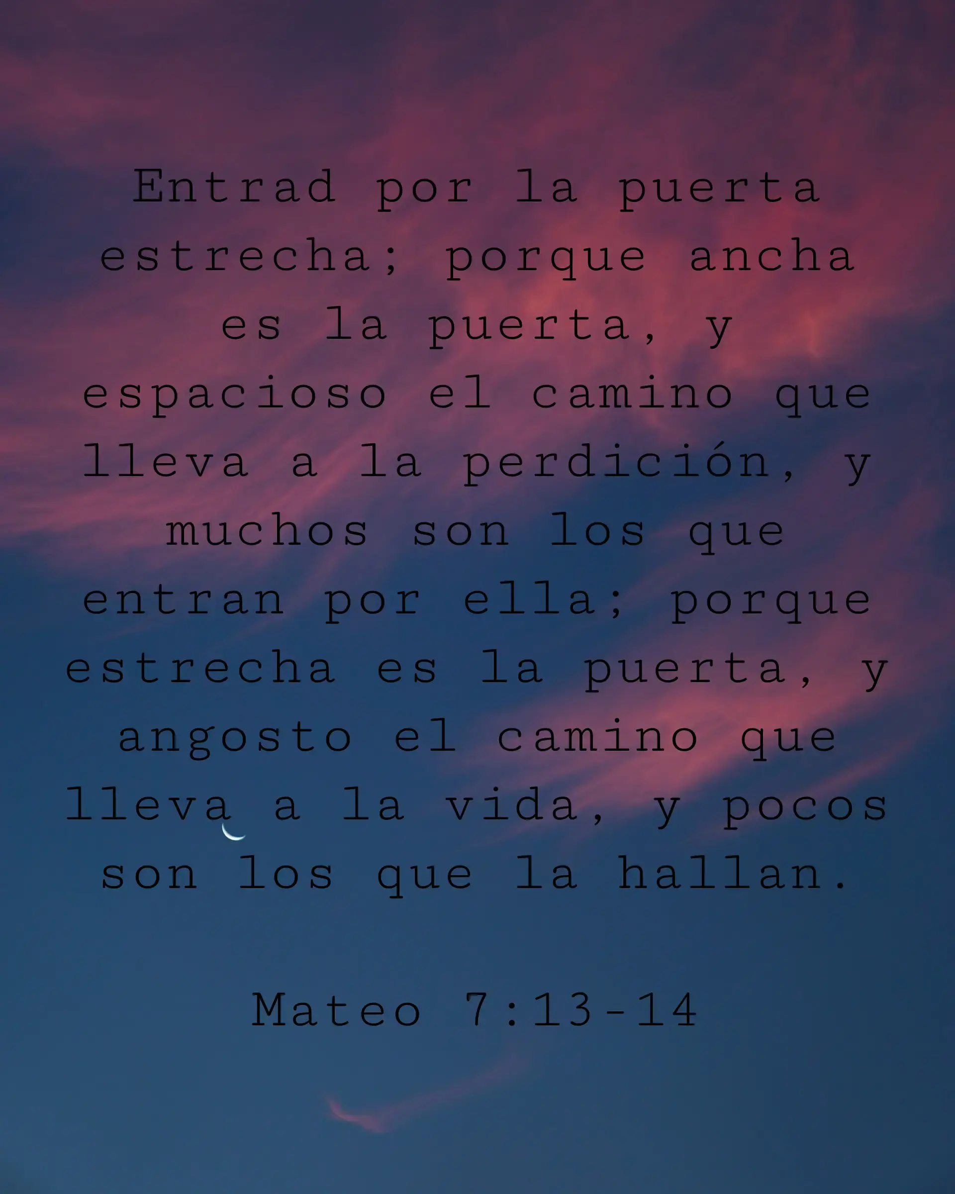 Entrad por la puerta estrecha; porque ancha es la puerta, y espacioso el camino que lleva a la perdición, y muchos son los que entran por ella; porque estrecha es la puerta, y angosto el camino que lleva a la vida, y pocos son los que la hallan.