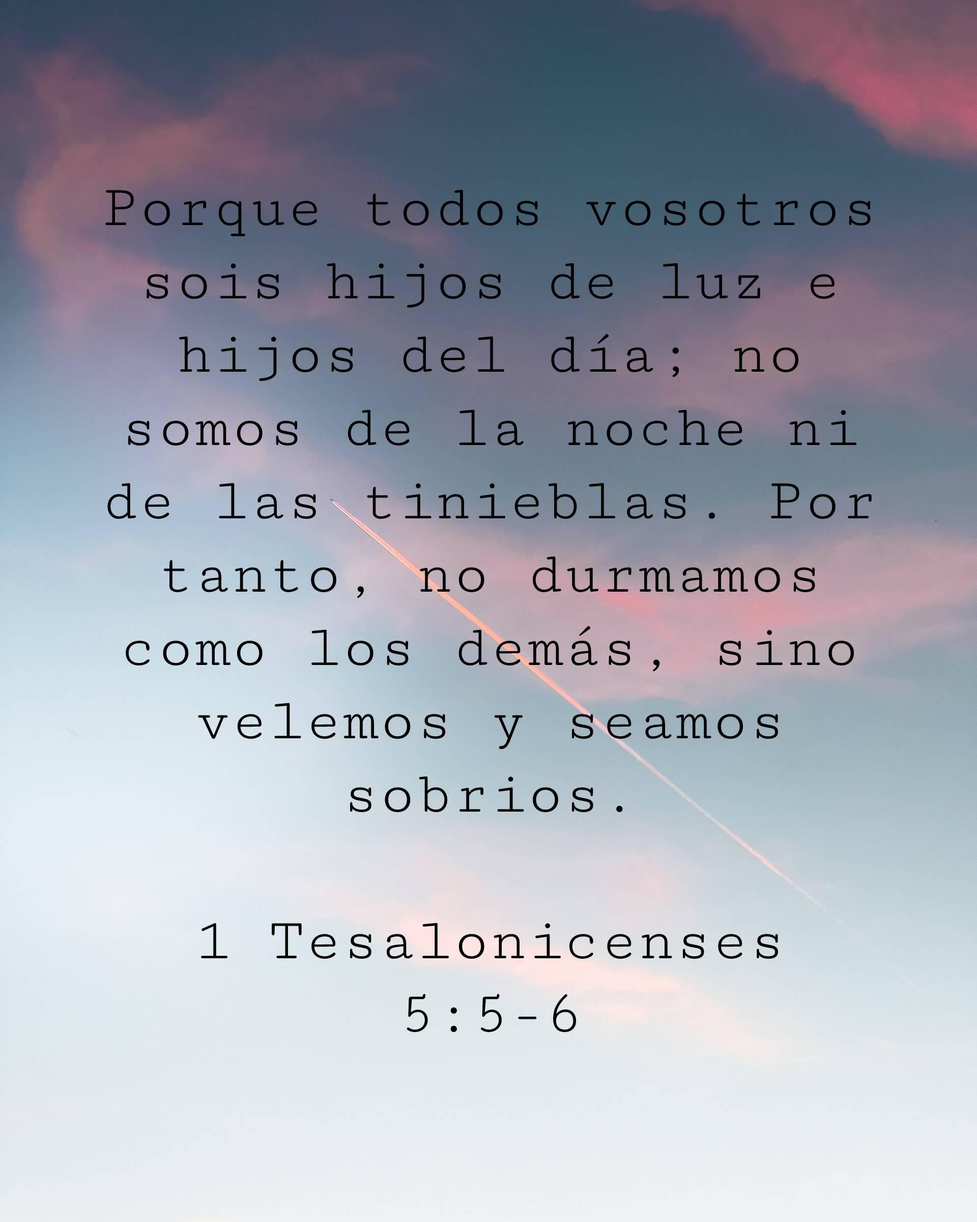 Porque todos vosotros sois hijos de luz e hijos del día; no somos de la noche ni de las tinieblas. Por tanto, no durmamos como los demás, sino velemos y seamos sobrios.