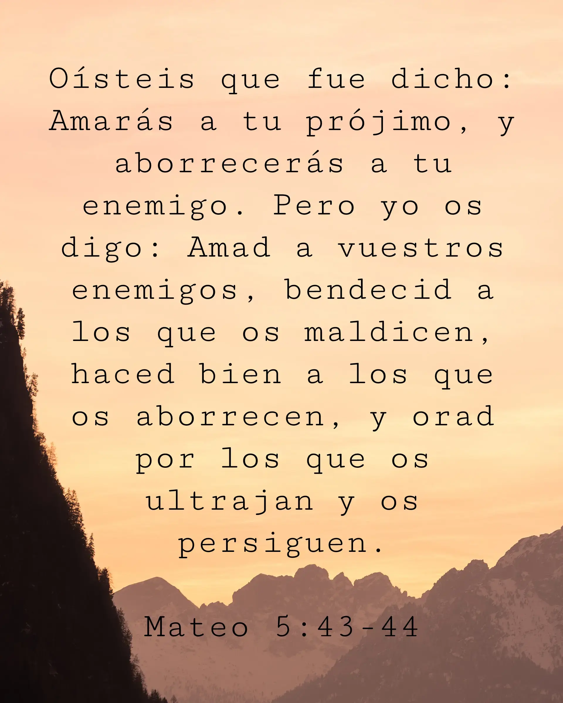 Oísteis que fue dicho: Amarás a tu prójimo, y aborrecerás a tu enemigo. Pero yo os digo: Amad a vuestros enemigos, bendecid a los que os maldicen, haced bien a los que os aborrecen, y orad por los que os ultrajan y os persiguen.
