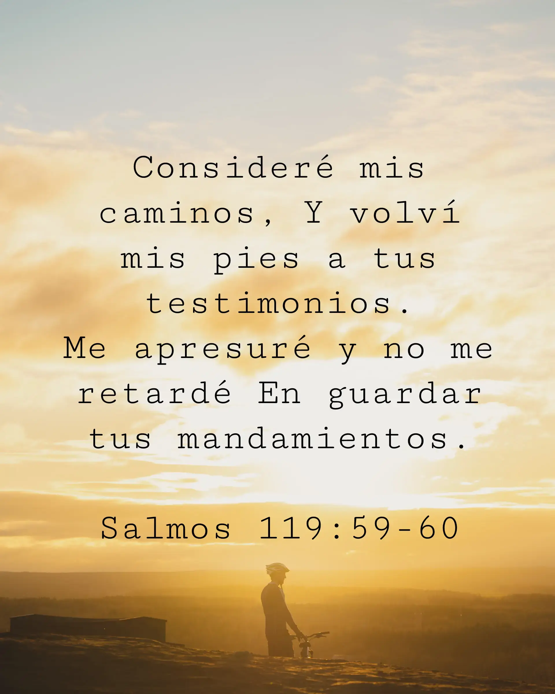 Consideré mis caminos, Y volví mis pies a tus testimonios. Me apresuré y no me retardé En guardar tus mandamientos.