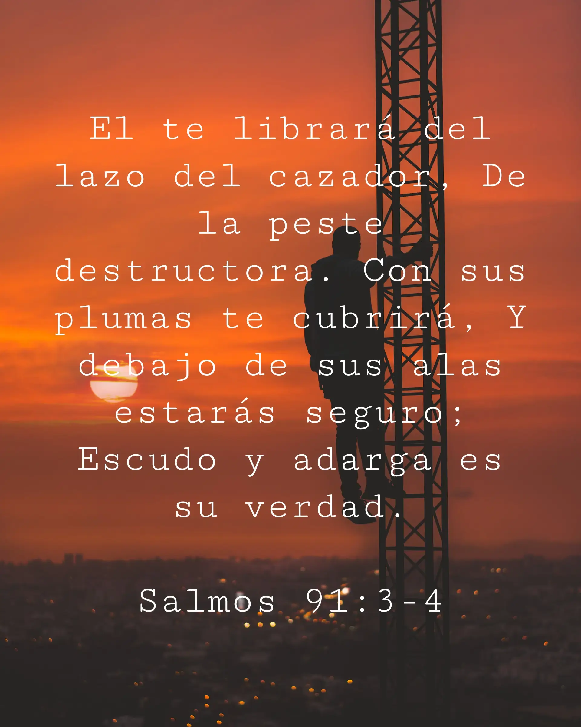 El te librará del lazo del cazador, De la peste destructora. Con sus plumas te cubrirá, Y debajo de sus alas estarás seguro; Escudo y adarga es su verdad.