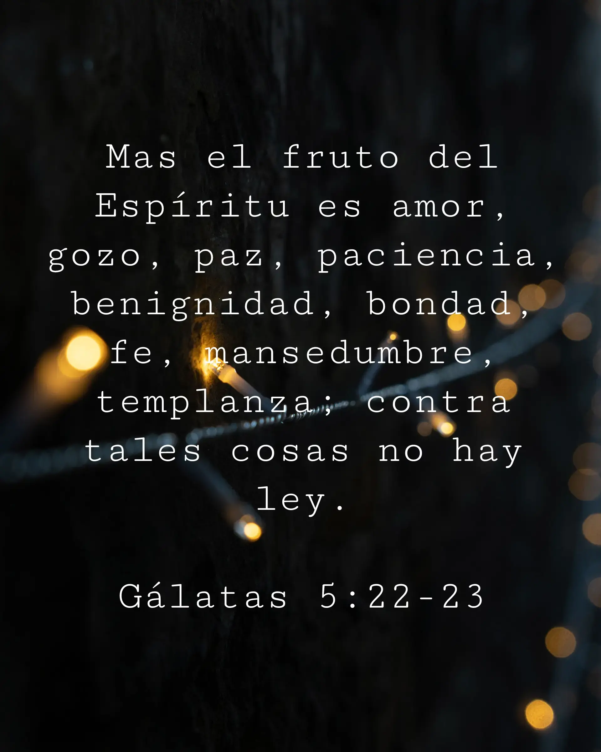 Mas el fruto del Espíritu es amor, gozo, paz, paciencia, benignidad, bondad, fe, mansedumbre, templanza; contra tales cosas no hay ley.