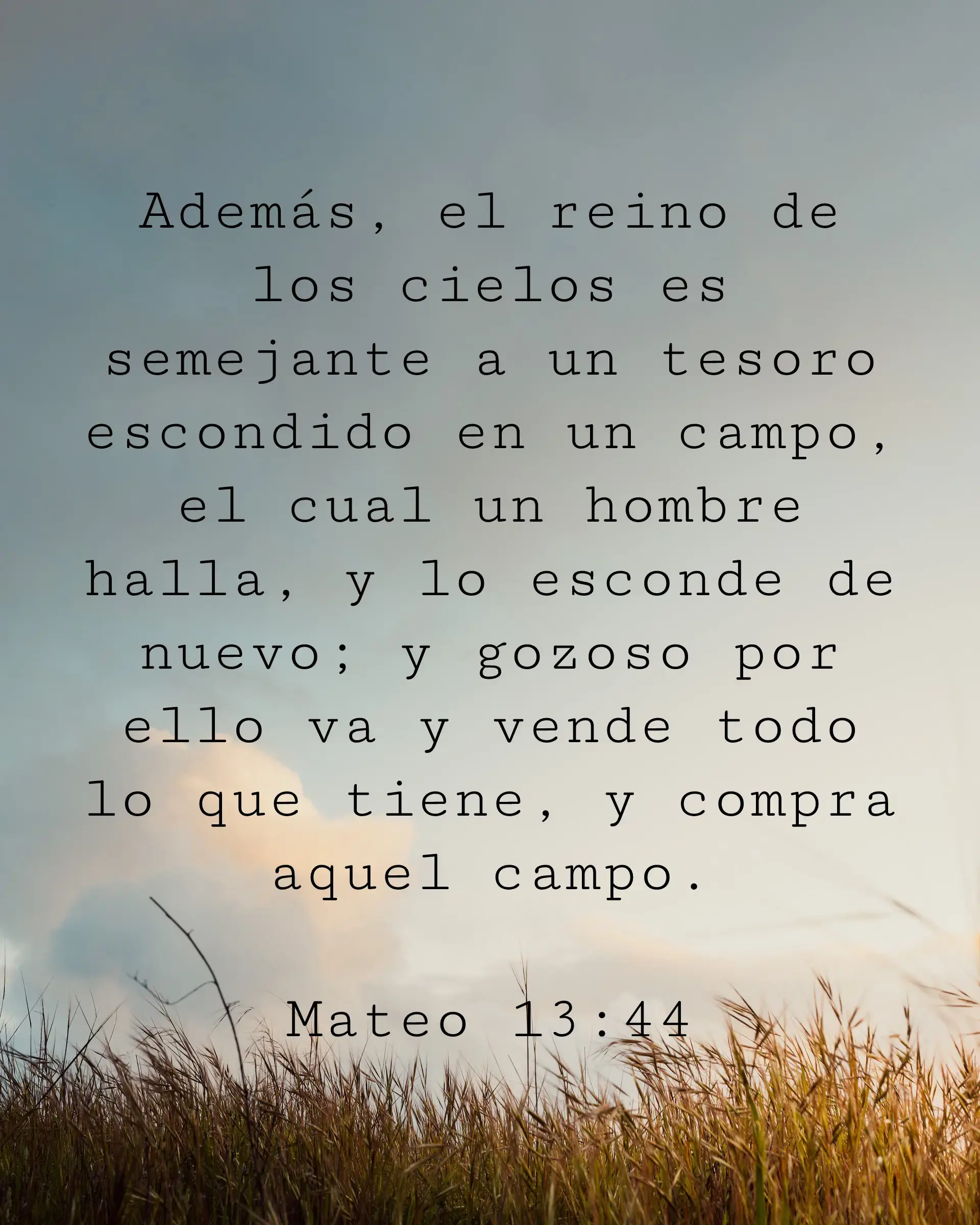 Además, el reino de los cielos es semejante a un tesoro escondido en un campo, el cual un hombre halla, y lo esconde de nuevo; y gozoso por ello va y vende todo lo que tiene, y compra aquel campo.