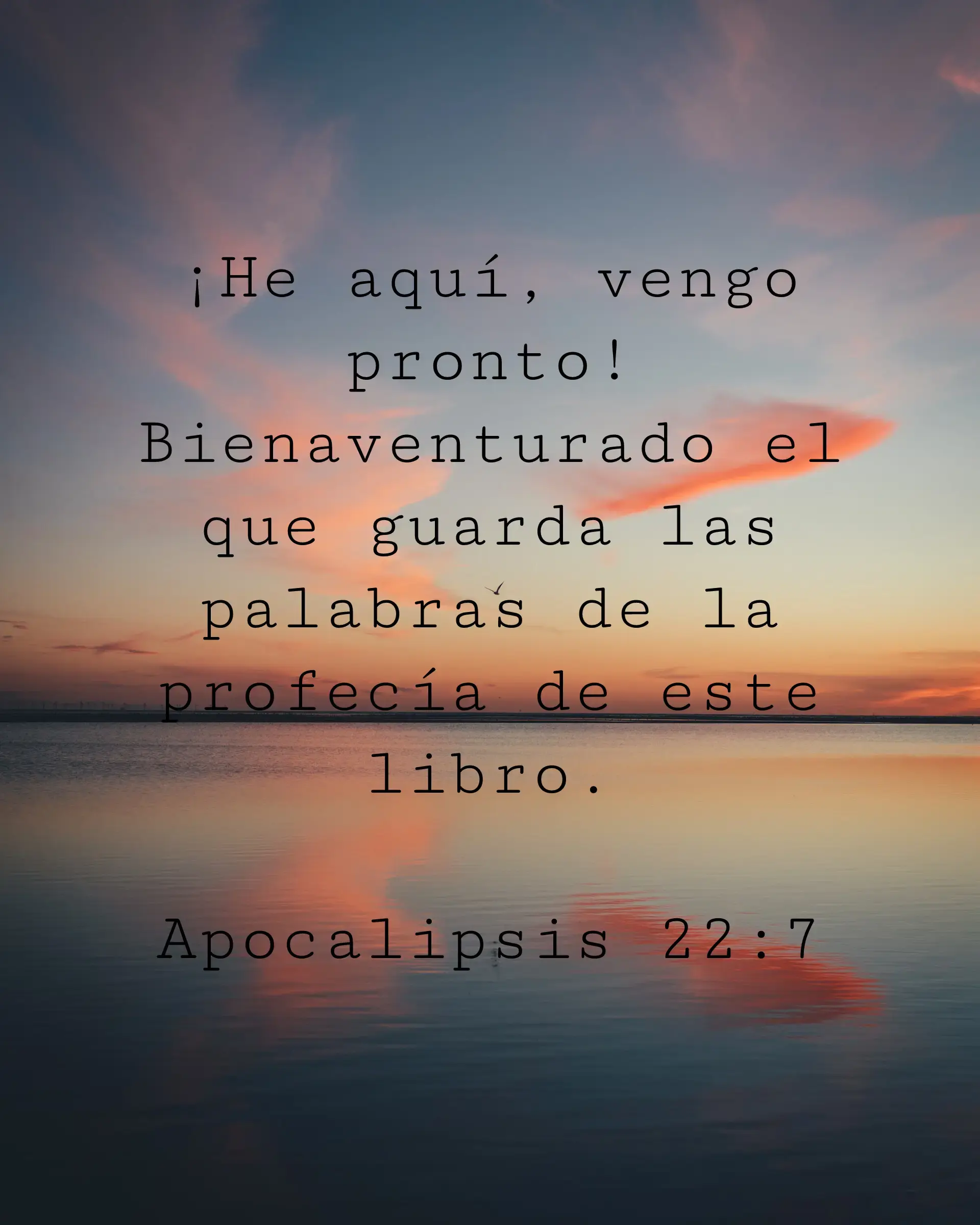 ¡He aquí, vengo pronto! Bienaventurado el que guarda las palabras de la profecía de este libro.