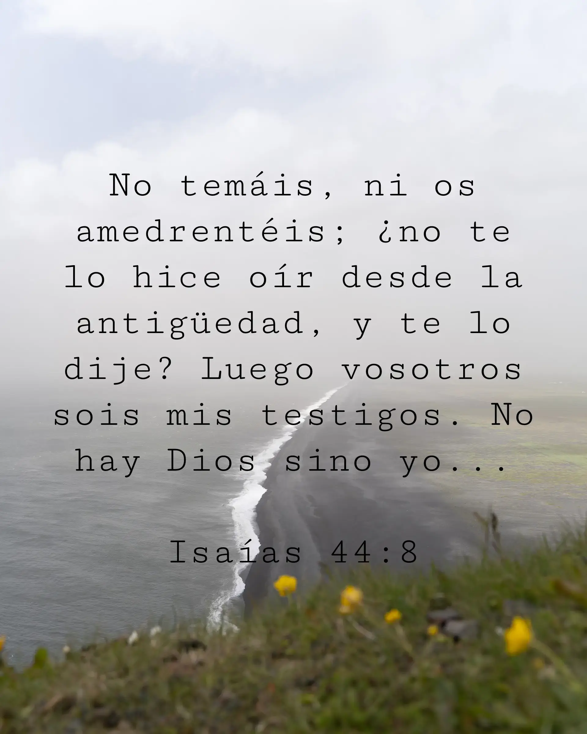 No temáis, ni os amedrentéis; ¿no te lo hice oír desde la antigüedad, y te lo dije? Luego vosotros sois mis testigos. No hay Dios sino yo...