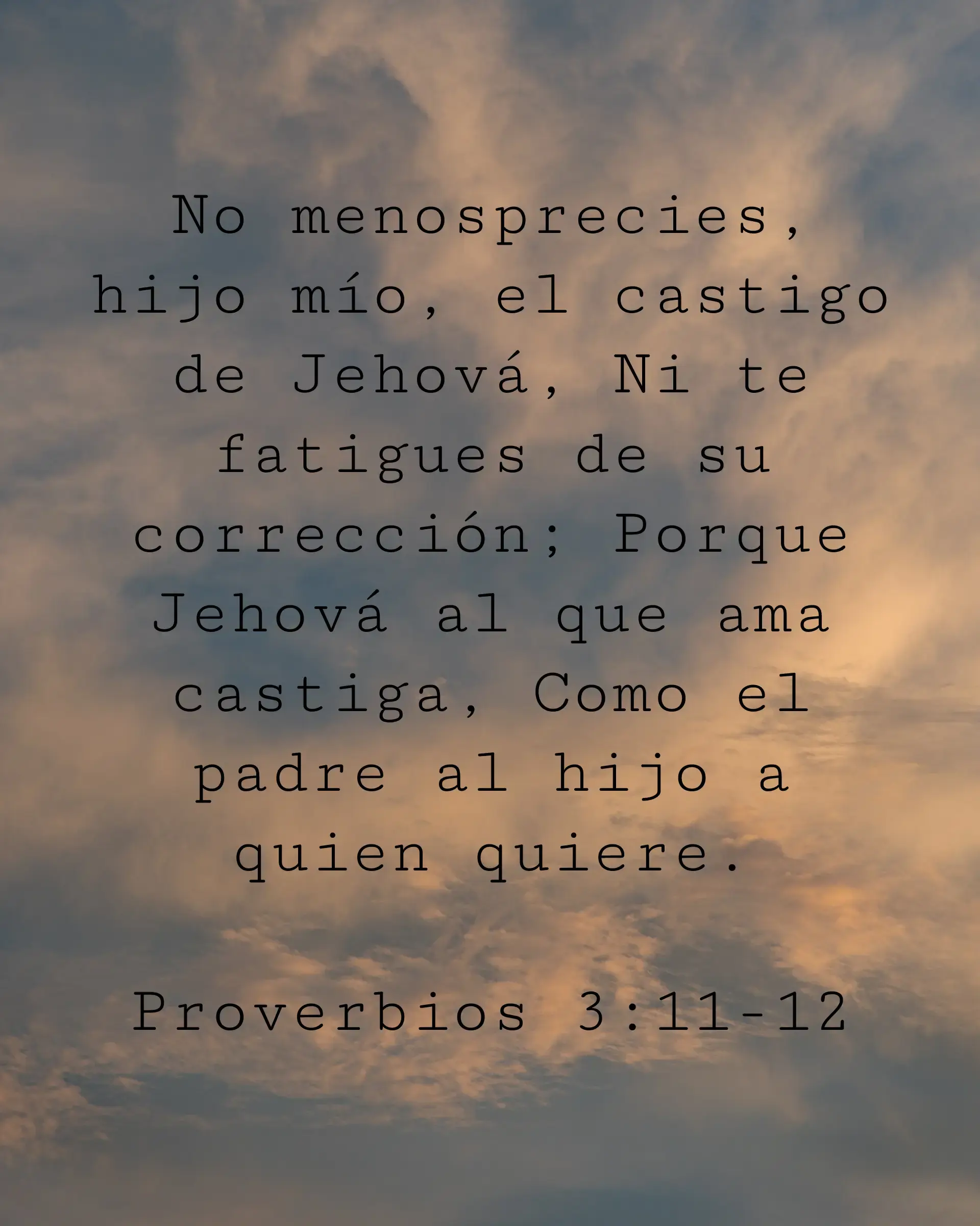 No menosprecies, hijo mío, el castigo de Jehová, Ni te fatigues de su corrección; Porque Jehová al que ama castiga, Como el padre al hijo a quien quiere.