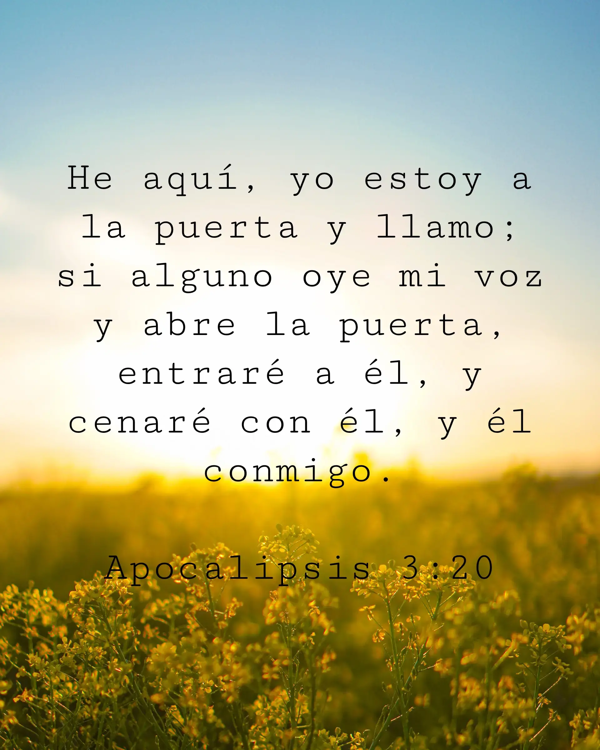 He aquí, yo estoy a la puerta y llamo; si alguno oye mi voz y abre la puerta, entraré a él, y cenaré con él, y él conmigo.
