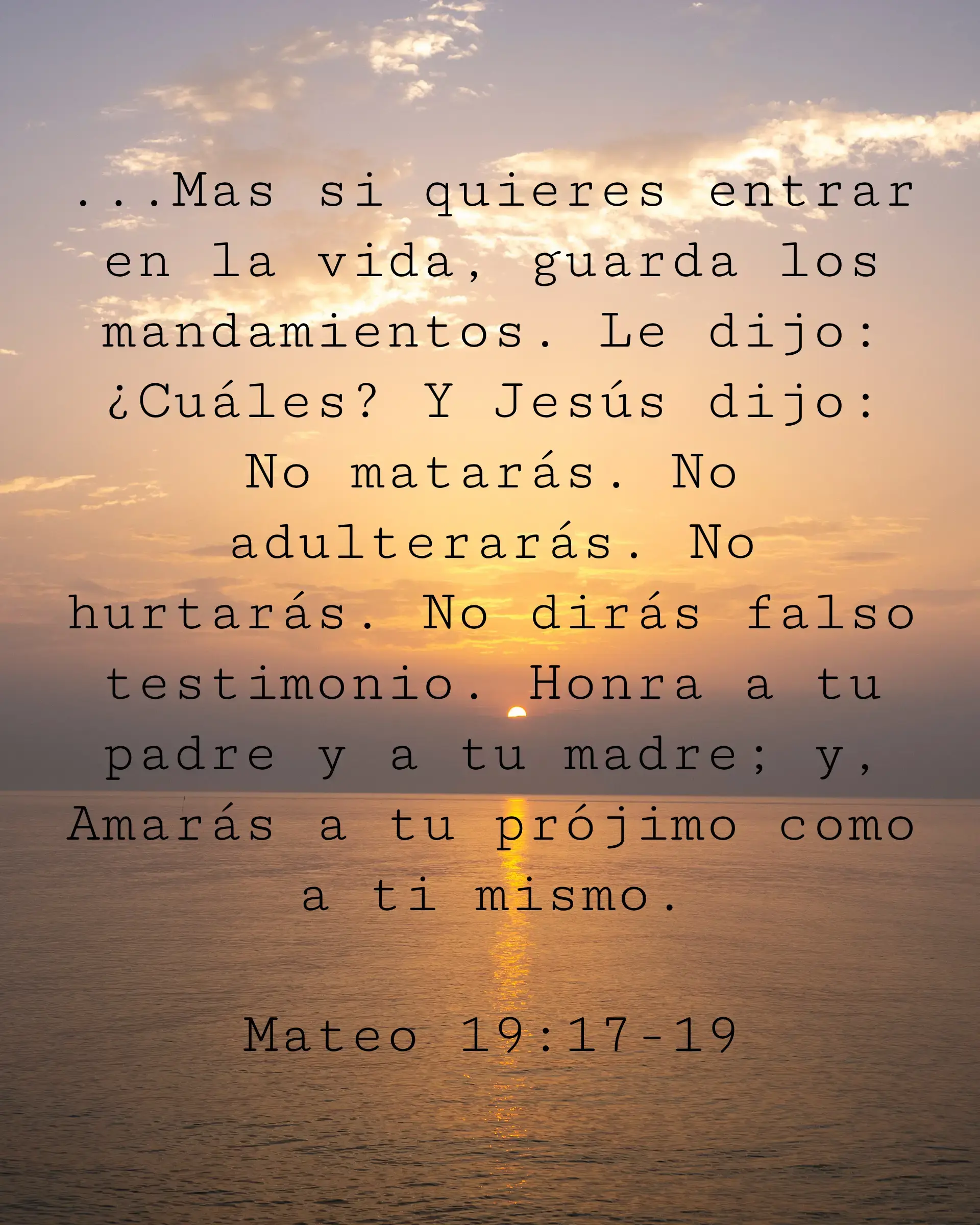 Mas si quieres entrar en la vida, guarda los mandamientos. Le dijo: ¿Cuáles? Y Jesús dijo: No matarás. No adulterarás. No hurtarás. No dirás falso testimonio. Honra a tu padre y a tu madre; y, Amarás a tu prójimo como a ti mismo.