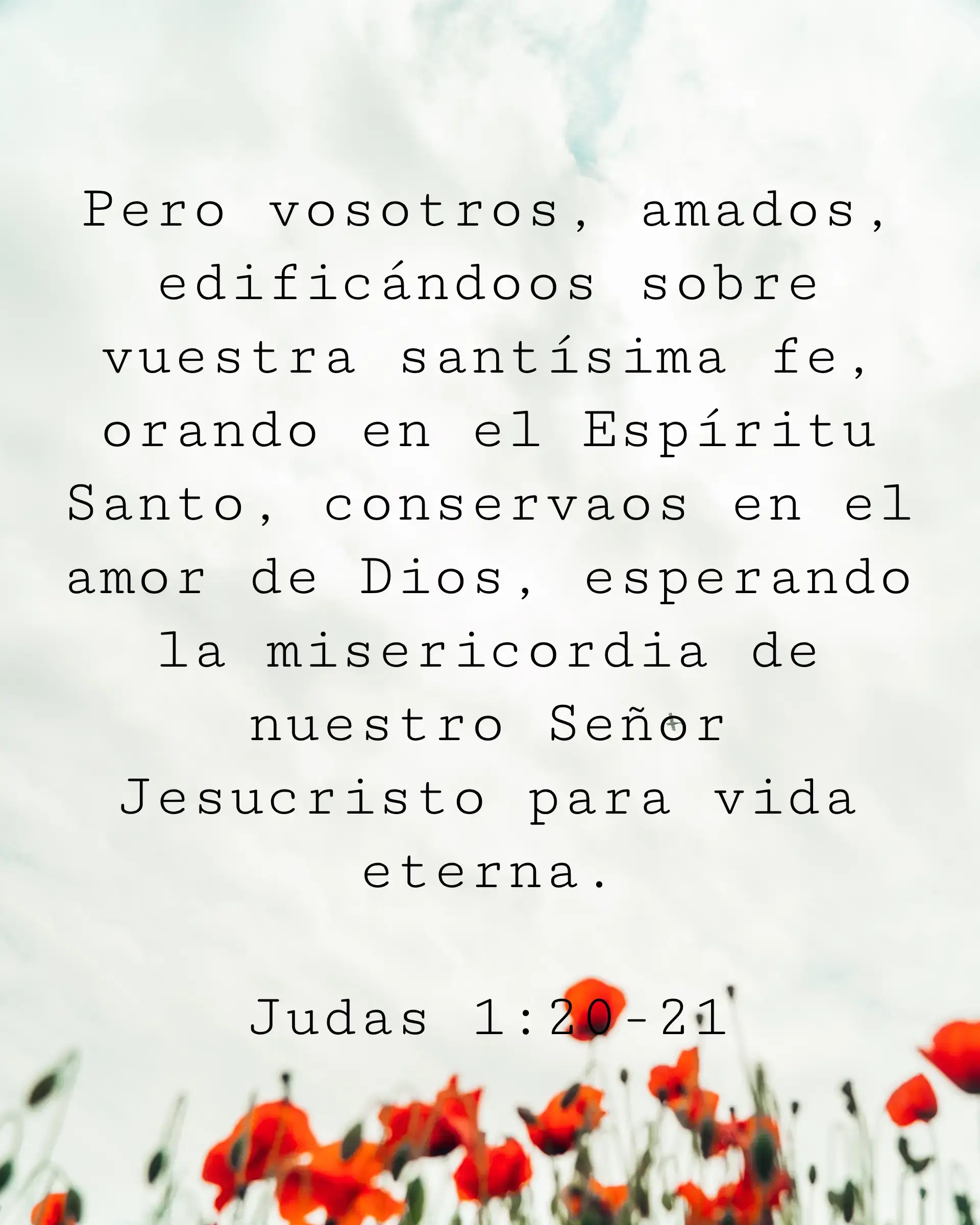 Pero vosotros, amados, edificándoos sobre vuestra santísima fe, orando en el Espíritu Santo, conservaos en el amor de Dios, esperando la misericordia de nuestro Señor Jesucristo para vida eterna.