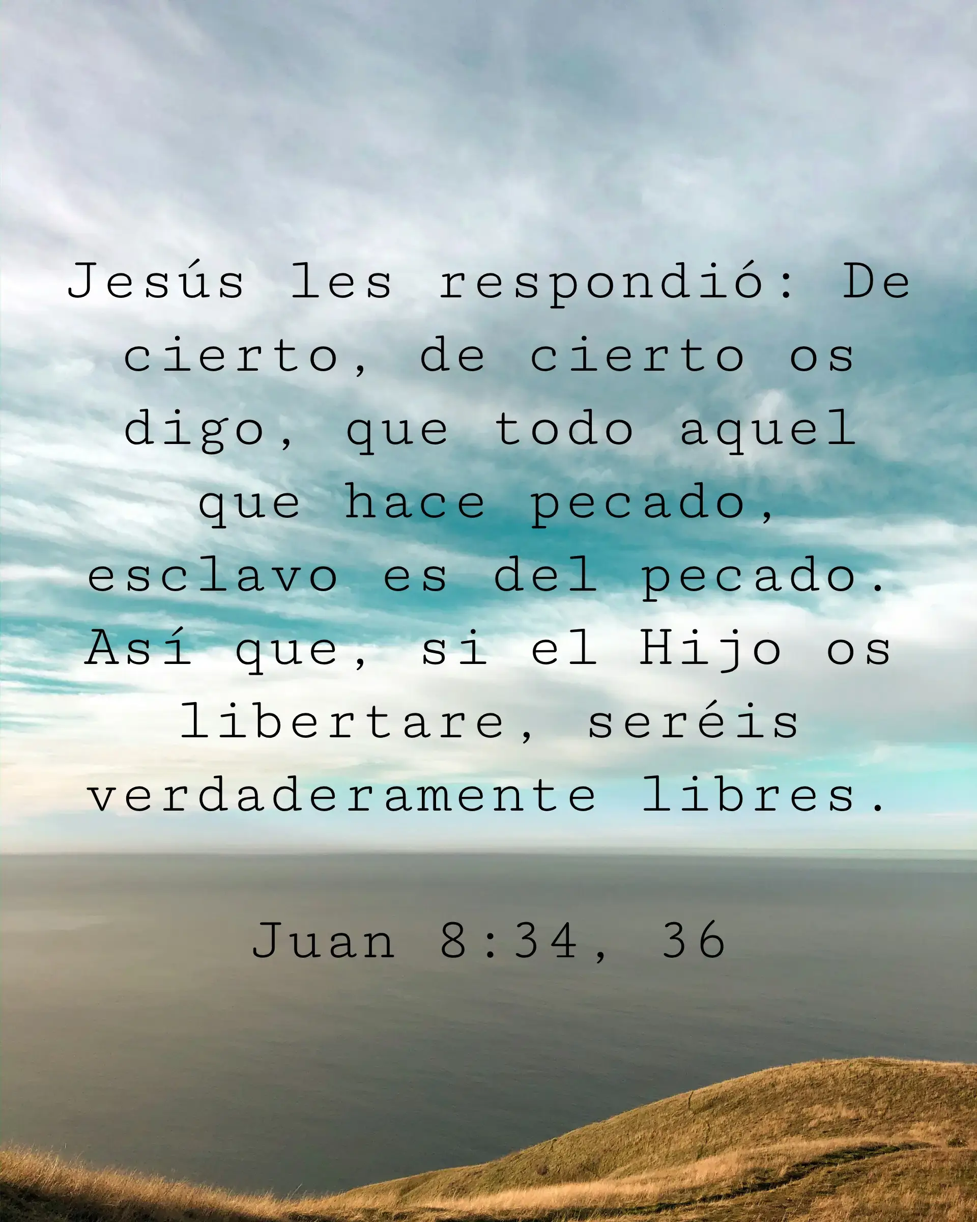 Jesús les respondió: De cierto, de cierto os digo, que todo aquel que hace pecado, esclavo es del pecado.
Así que, si el Hijo os libertare, seréis verdaderamente libres.