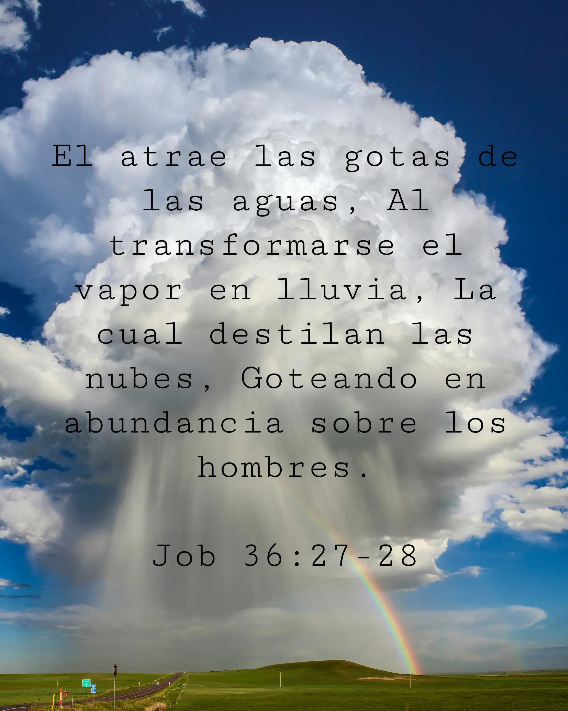 El atrae las gotas de las aguas, Al transformarse el vapor en lluvia, La cual destilan las nubes, Goteando en abundancia sobre los hombres.