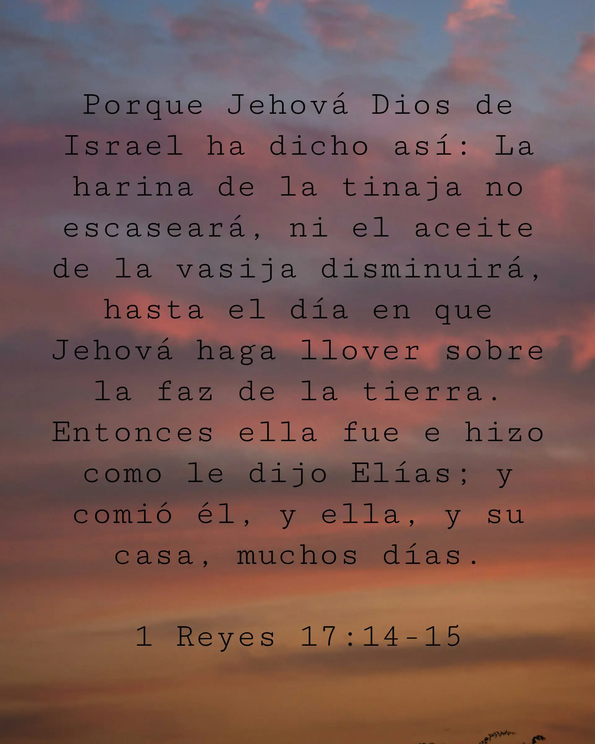 Porque Jehová Dios de Israel ha dicho así: La harina de la tinaja no escaseará, ni el aceite de la vasija disminuirá, hasta el día en que Jehová haga llover sobre la faz de la tierra. Entonces ella fue e hizo como le dijo Elías; y comió él, y ella, y su casa, muchos días.