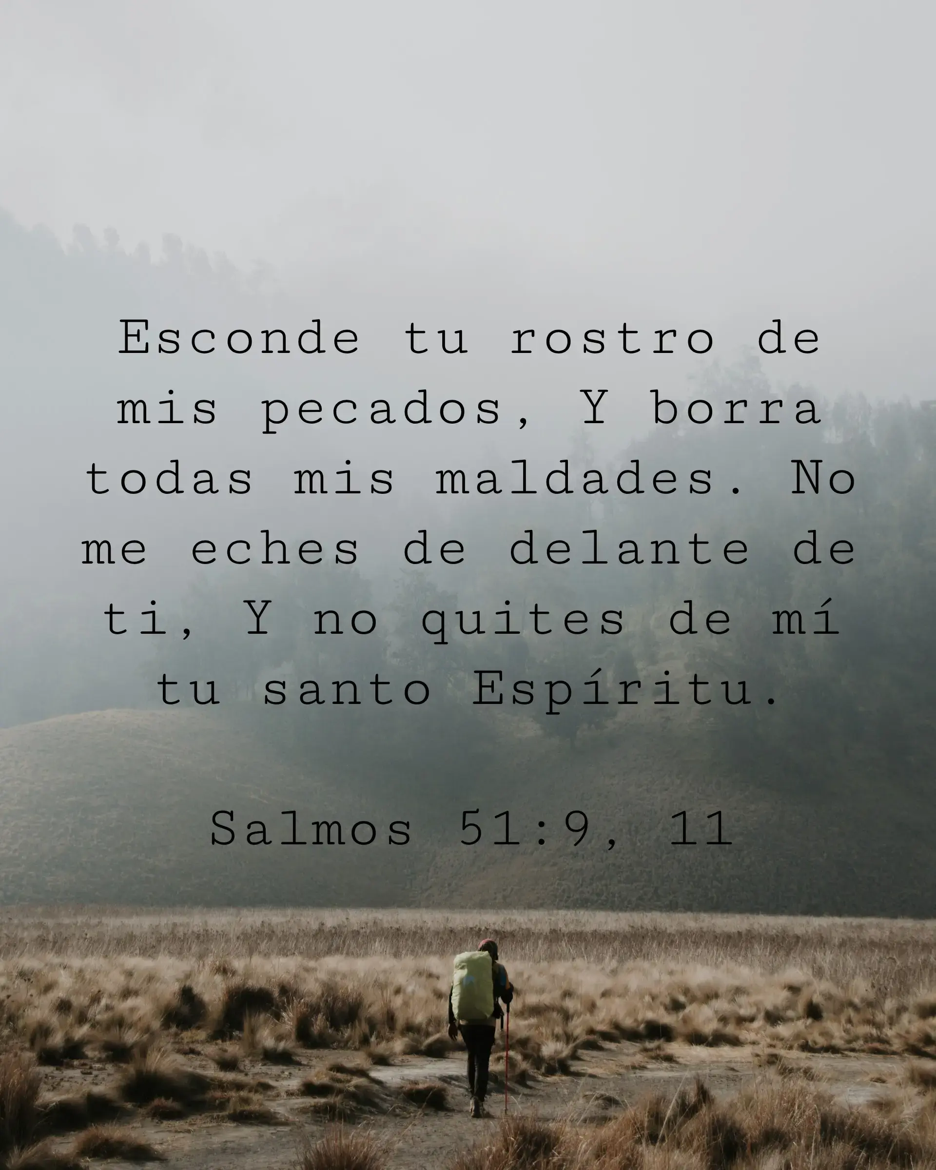 Esconde tu rostro de mis pecados, Y borra todas mis maldades. No me eches de delante de ti, Y no quites de mí tu santo Espíritu.