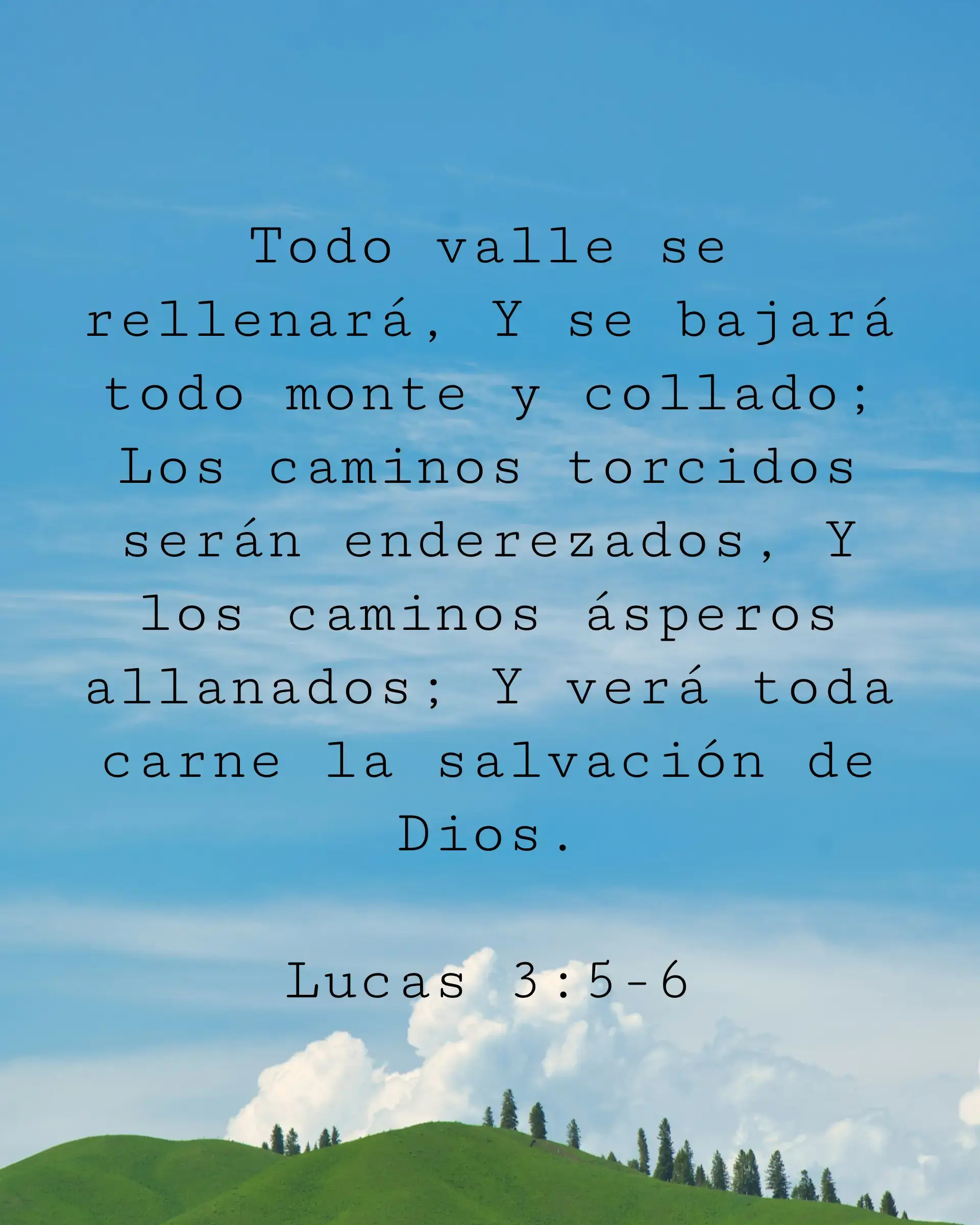 Todo valle se rellenará, Y se bajará todo monte y collado; Los caminos torcidos serán enderezados, Y los caminos ásperos allanados; Y verá toda carne la salvación de Dios.