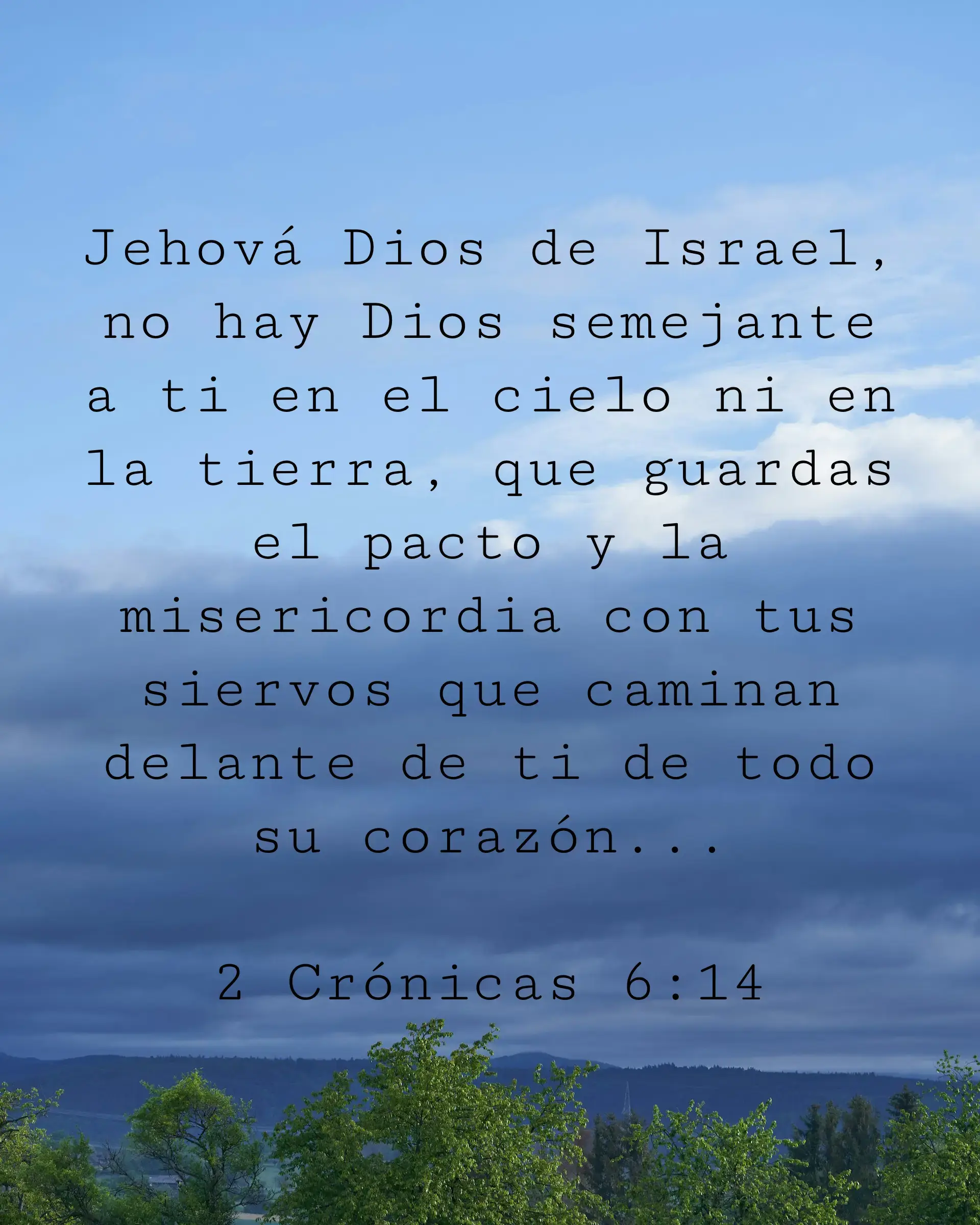 Jehová Dios de Israel, no hay Dios semejante a ti en el cielo ni en la tierra, que guardas el pacto y la misericordia con tus siervos que caminan delante de ti de todo su corazón...