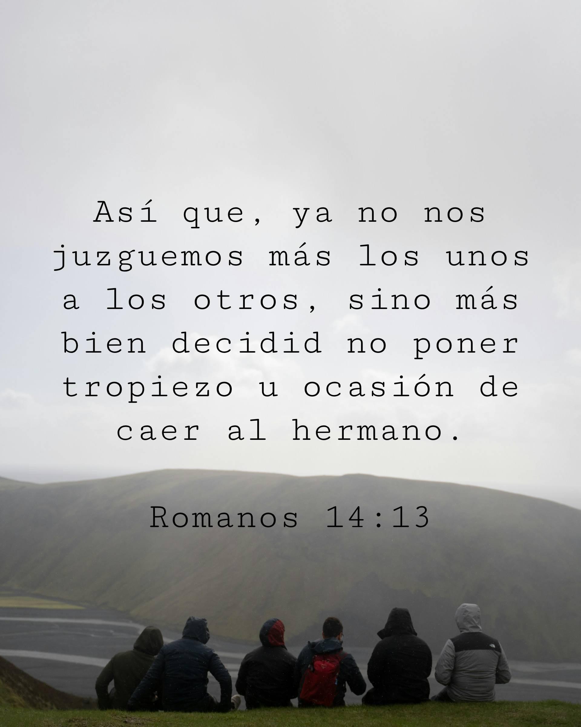 Así que, ya no nos juzguemos más los unos a los otros, sino más bien decidid no poner tropiezo u ocasión de caer al hermano.
