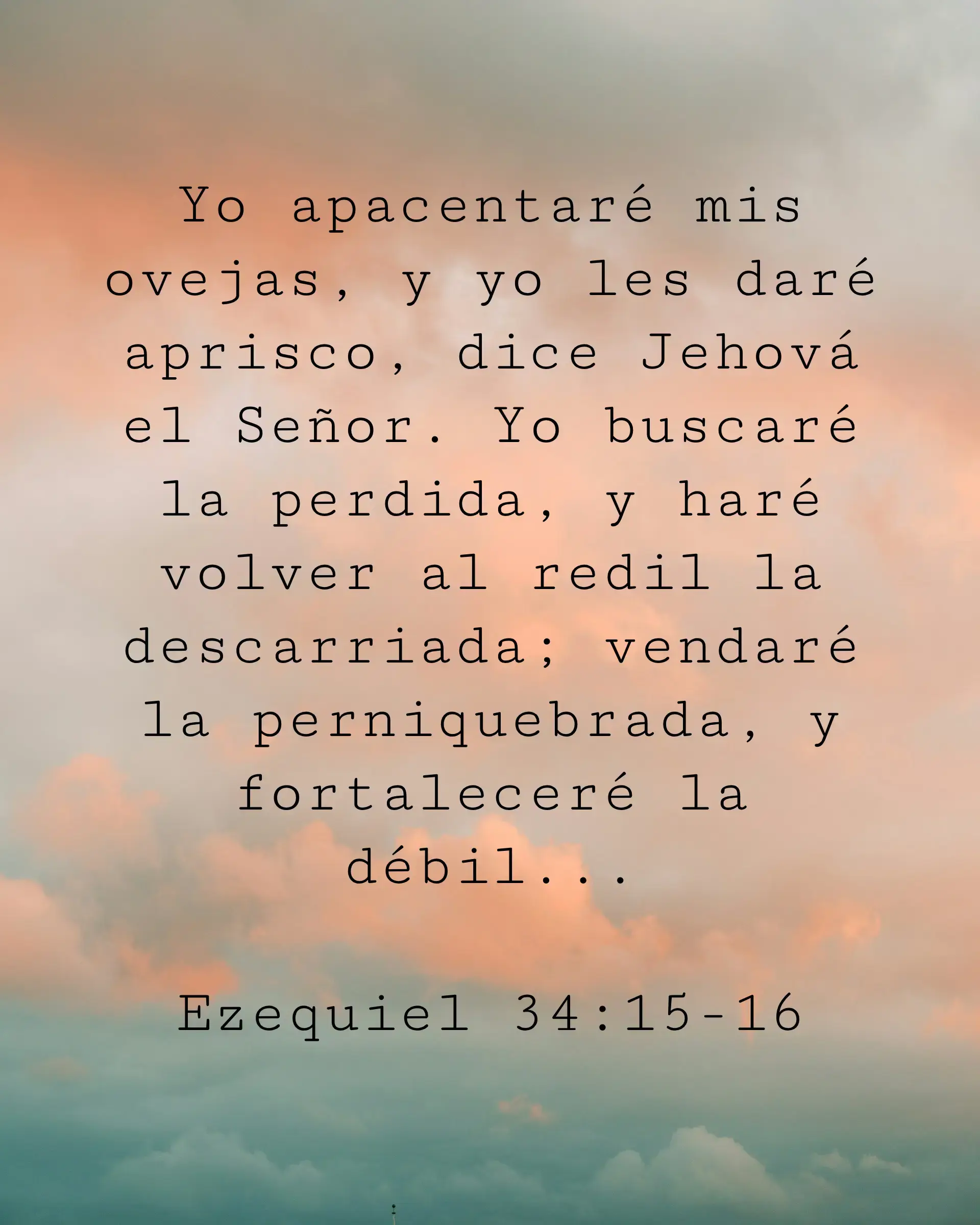 Yo apacentaré mis ovejas, y yo les daré aprisco, dice Jehová el Señor. Yo buscaré la perdida, y haré volver al redil la descarriada; vendaré la perniquebrada, y fortaleceré la débil...
