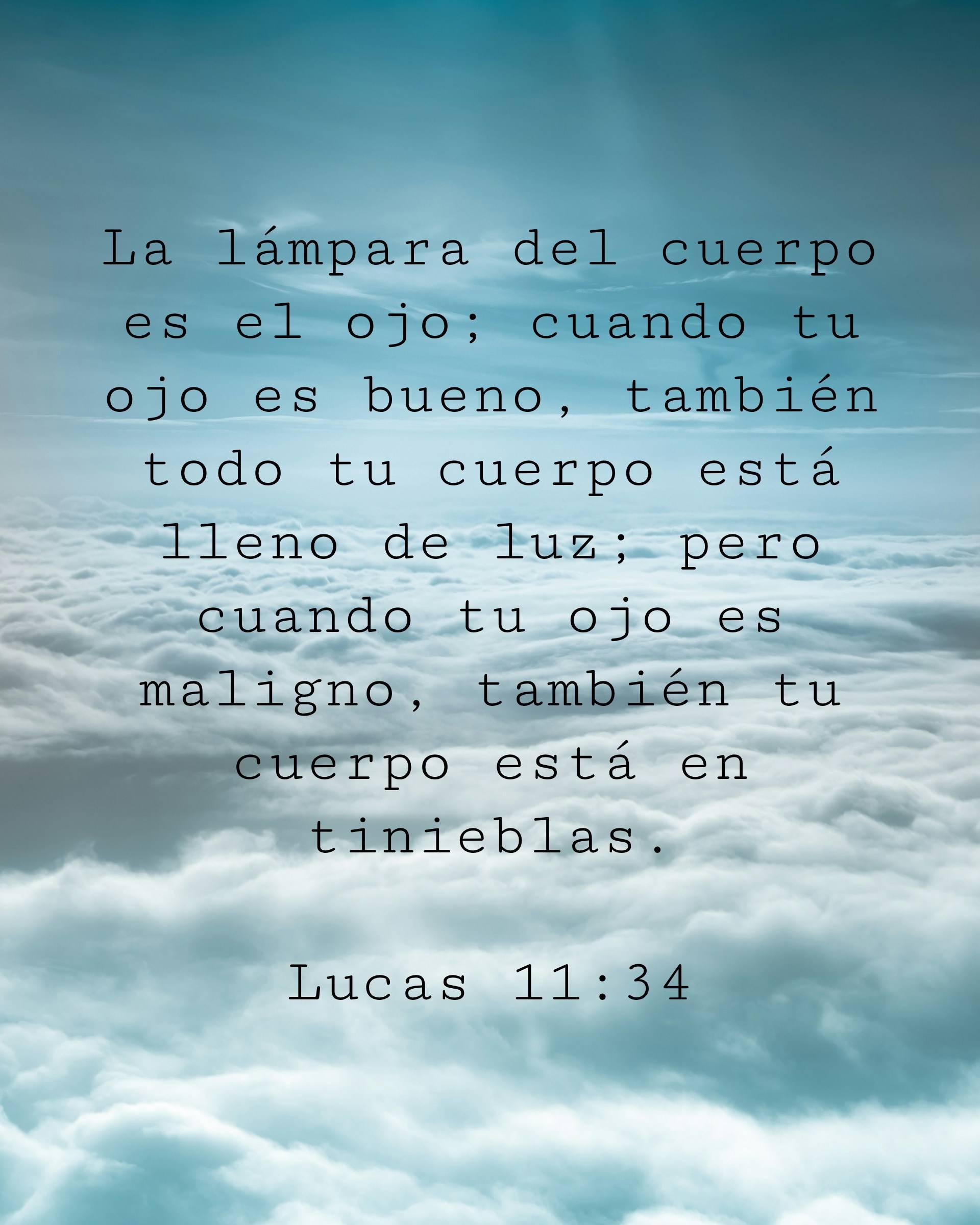 La lámpara del cuerpo es el ojo; cuando tu ojo es bueno, también todo tu cuerpo está lleno de luz; pero cuando tu ojo es maligno, también tu cuerpo está en tinieblas.