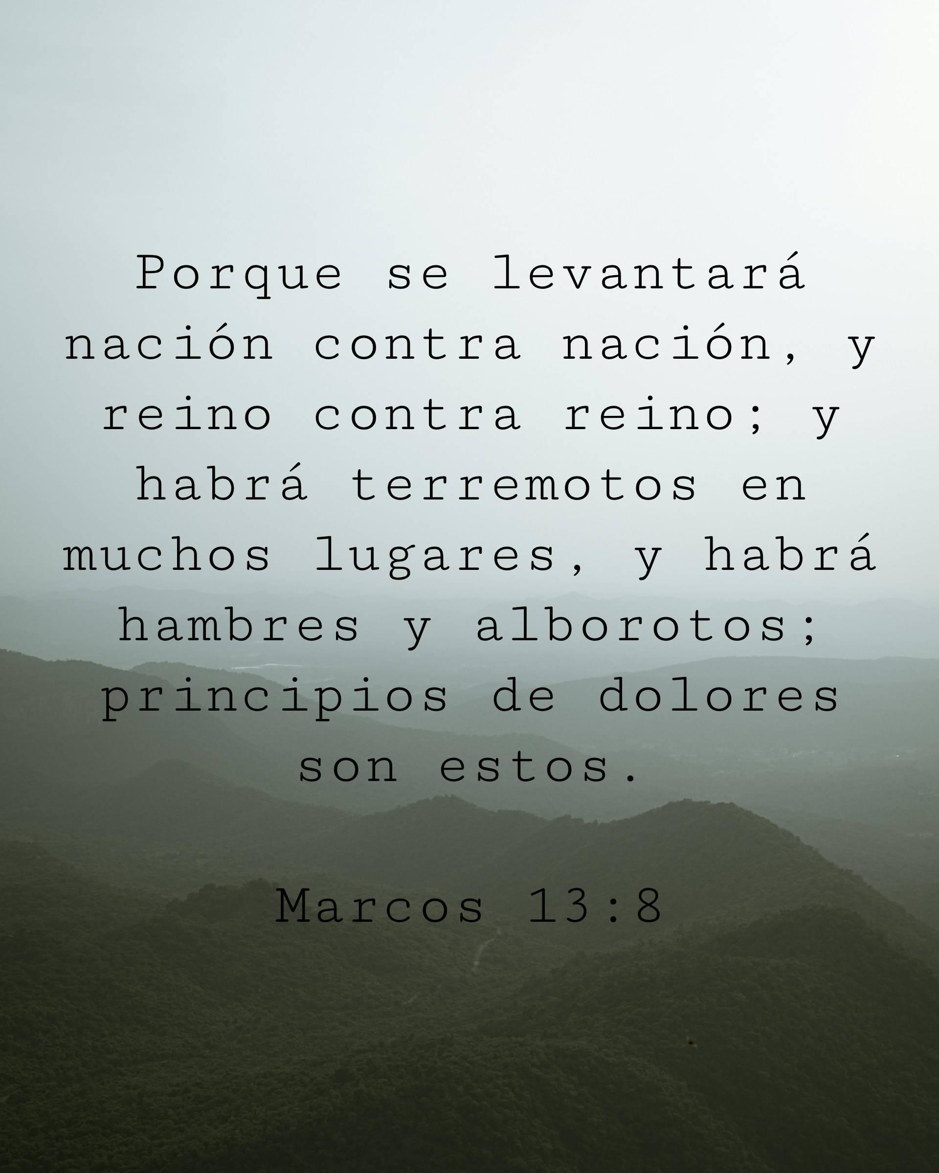 Porque se levantará nación contra nación, y reino contra reino; y habrá terremotos en muchos lugares, y habrá hambres y alborotos; principios de dolores son estos.