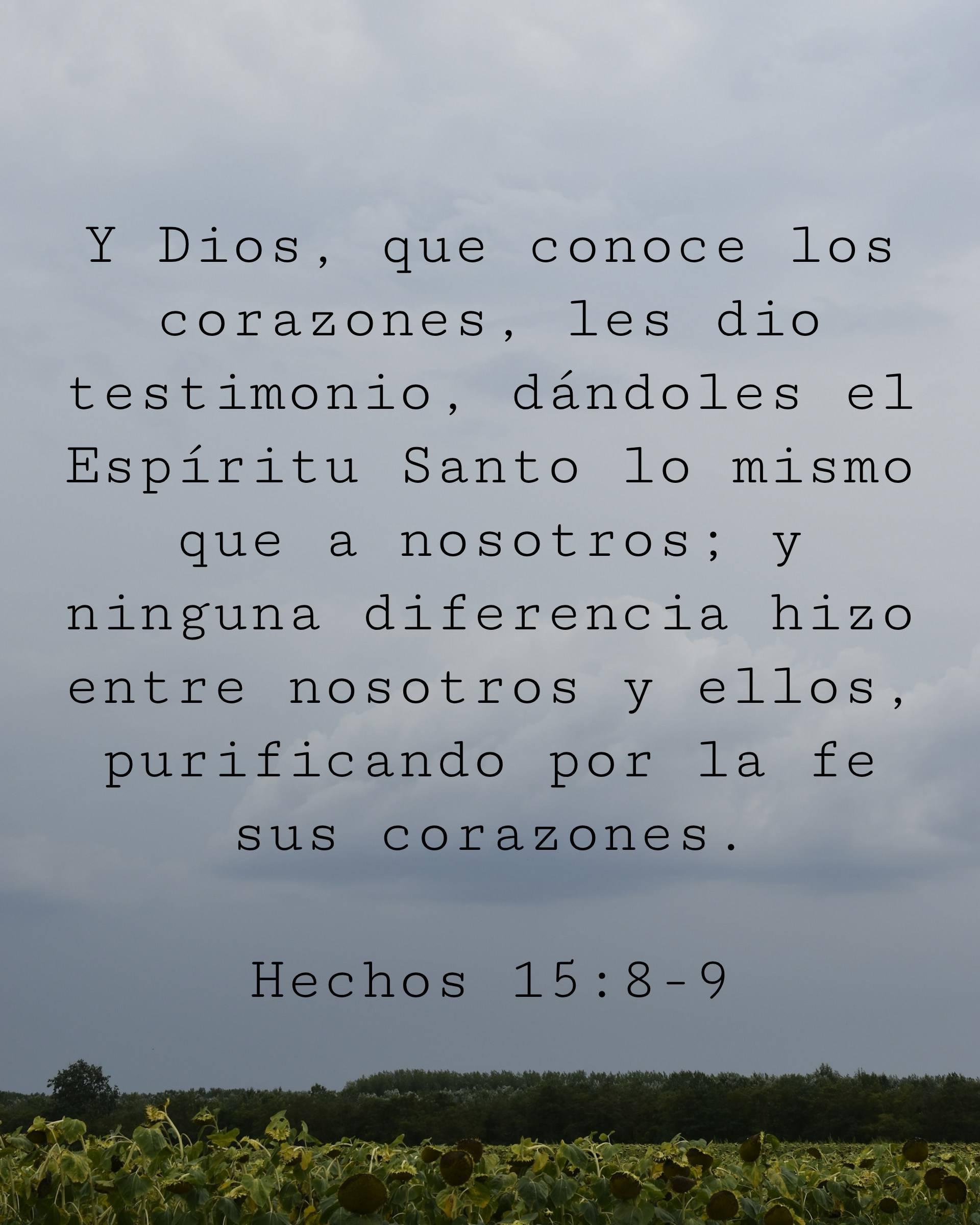 Y Dios, que conoce los corazones, les dio testimonio, dándoles el Espíritu Santo lo mismo que a nosotros; y ninguna diferencia hizo entre nosotros y ellos, purificando por la fe sus corazones.