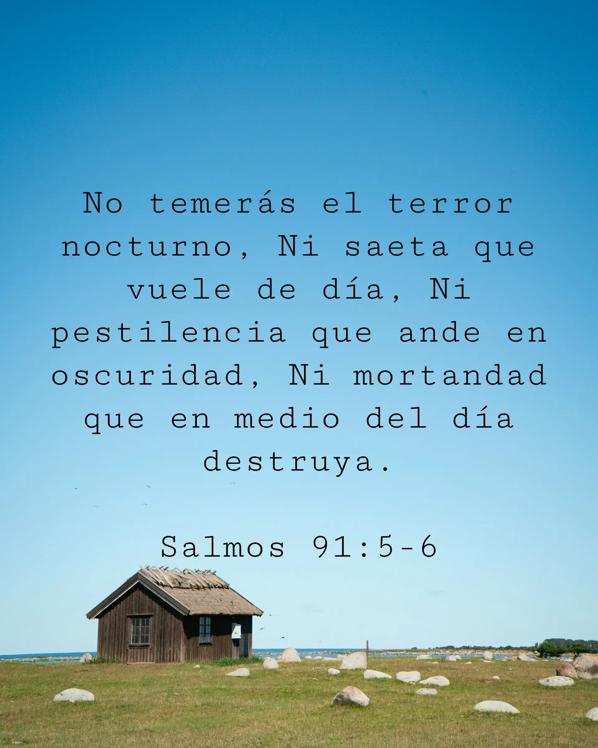 No temerás el terror nocturno, Ni saeta que vuele de día, Ni pestilencia que ande en oscuridad, Ni mortandad que en medio del día destruya.