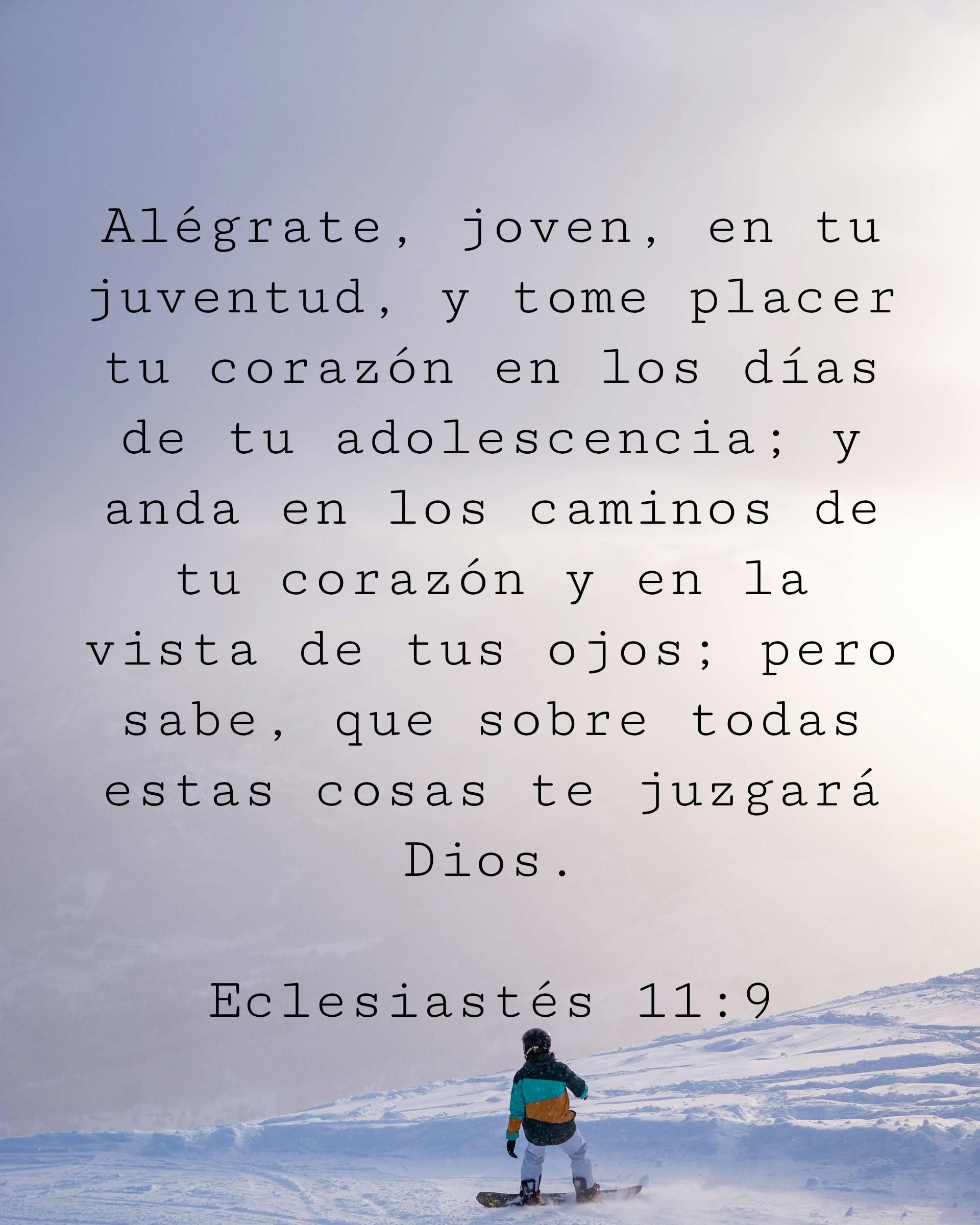 Alégrate, joven, en tu juventud, y tome placer tu corazón en los días de tu adolescencia; y anda en los caminos de tu corazón y en la vista de tus ojos; pero sabe, que sobre todas estas cosas te juzgará Dios.