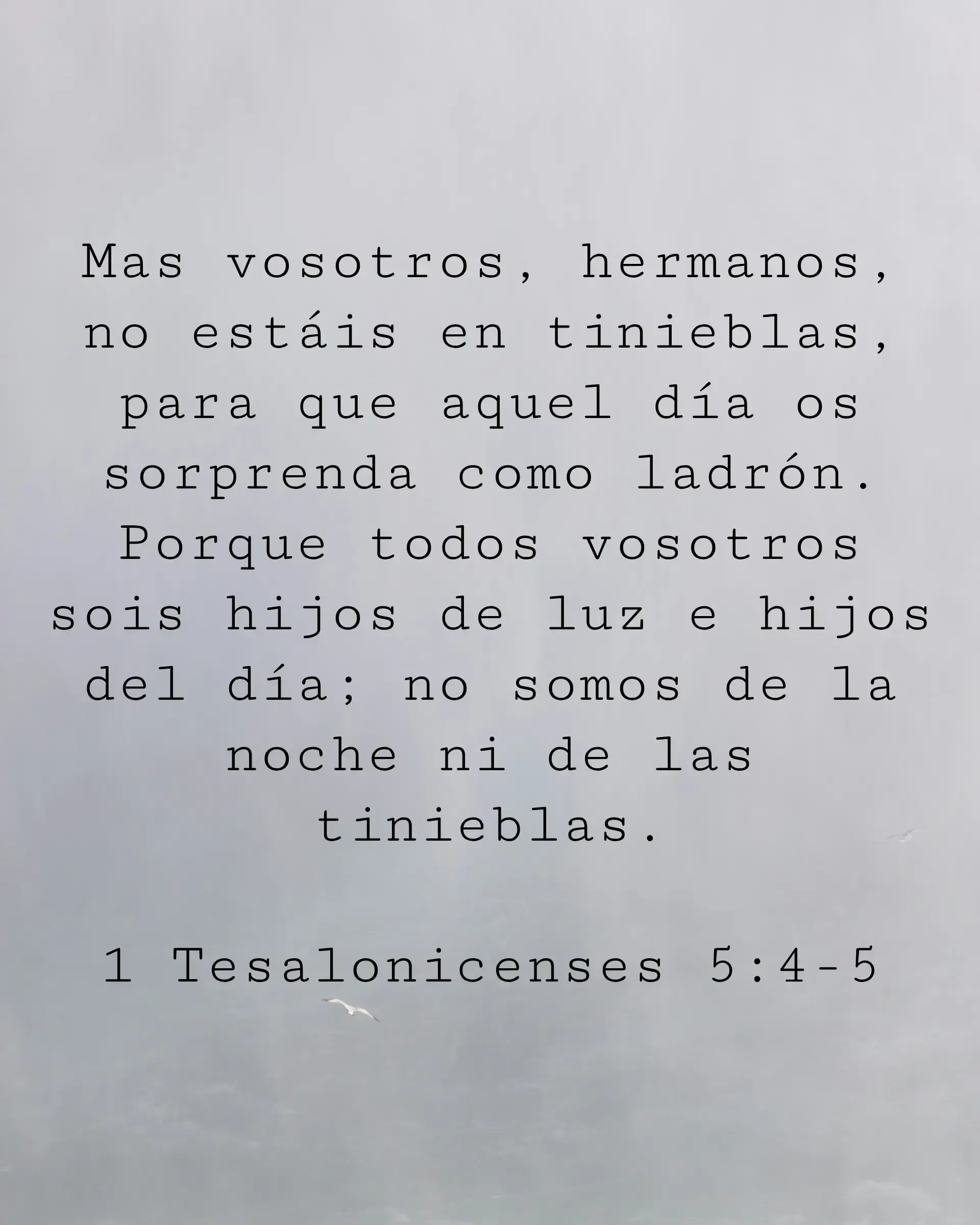 Mas vosotros, hermanos, no estáis en tinieblas, para que aquel día os sorprenda como ladrón. Porque todos vosotros sois hijos de luz e hijos del día; no somos de la noche ni de las tinieblas.