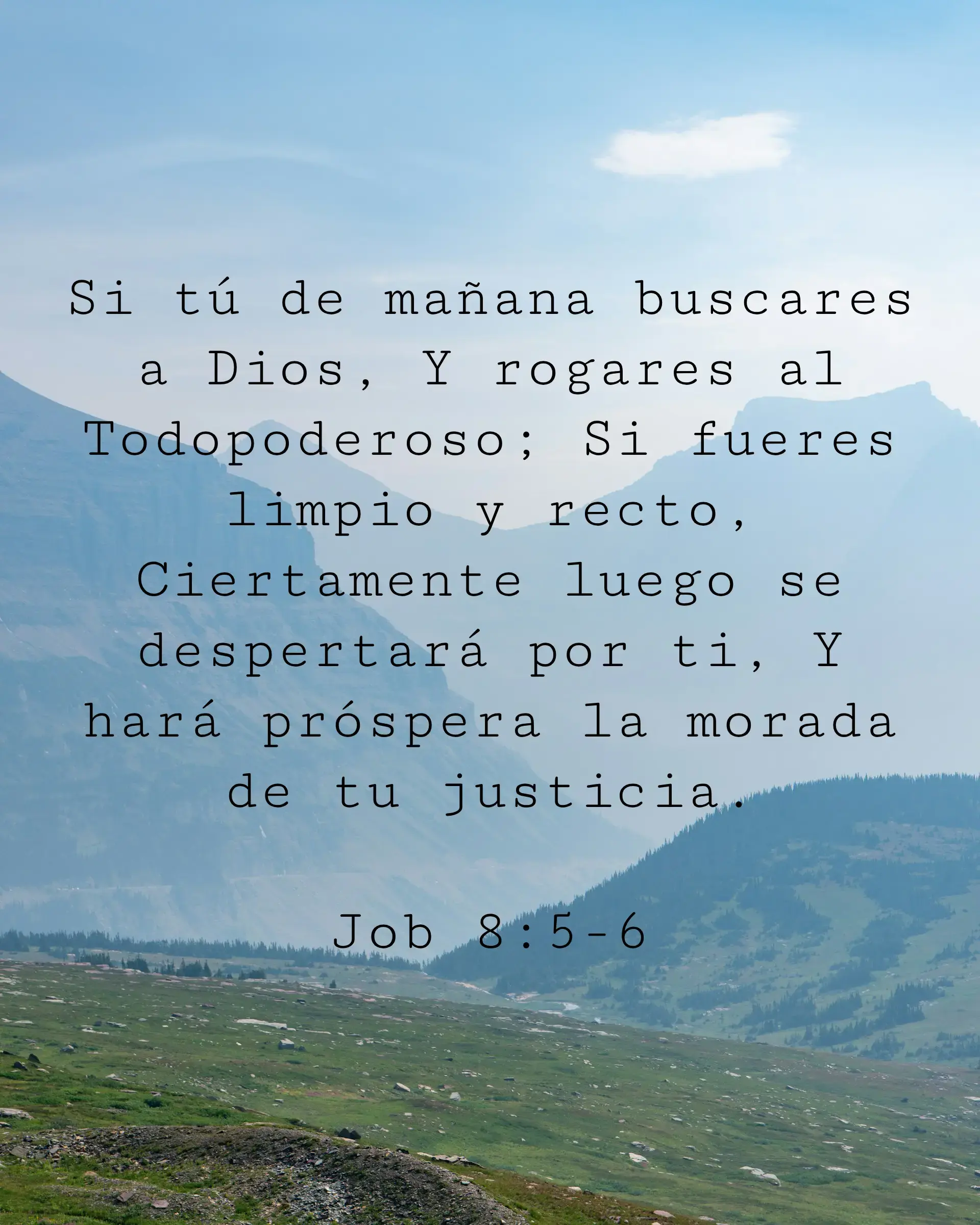 Si tú de mañana buscares a Dios, Y rogares al Todopoderoso; Si fueres limpio y recto, Ciertamente luego se despertará por ti, Y hará próspera la morada de tu justicia.