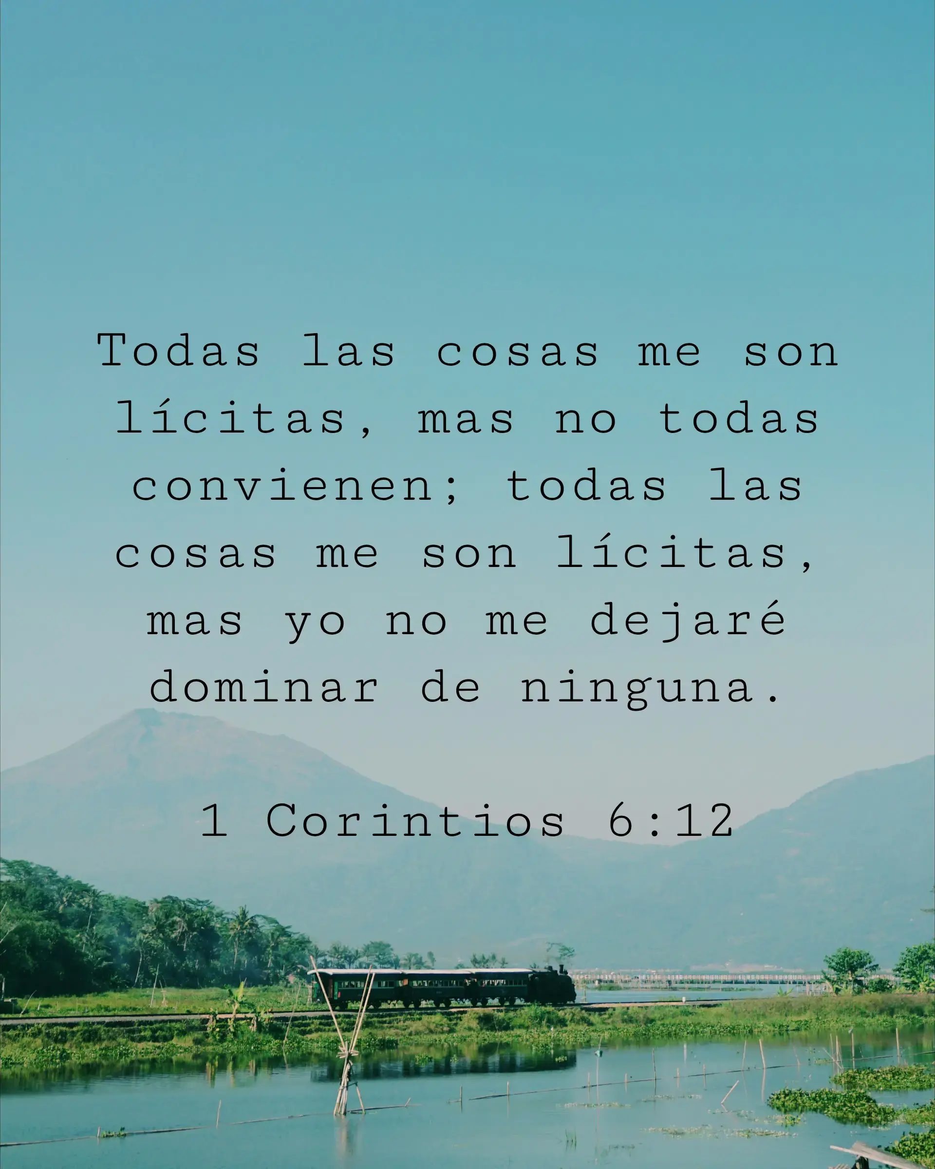 Todas las cosas me son lícitas, mas no todas convienen; todas las cosas me son lícitas, mas yo no me dejaré dominar de ninguna.
